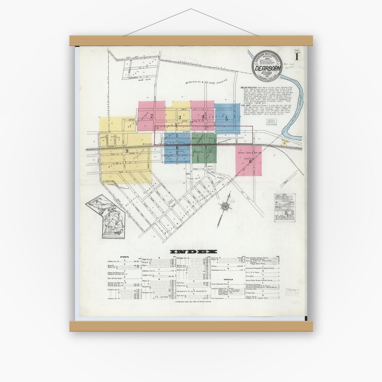 Old map wall art mockup — magnetic wood frame on white wall — Sanborn Fire Insurance Map from Dearborn, Wayne County, Michigan (1921), Sheet #0001