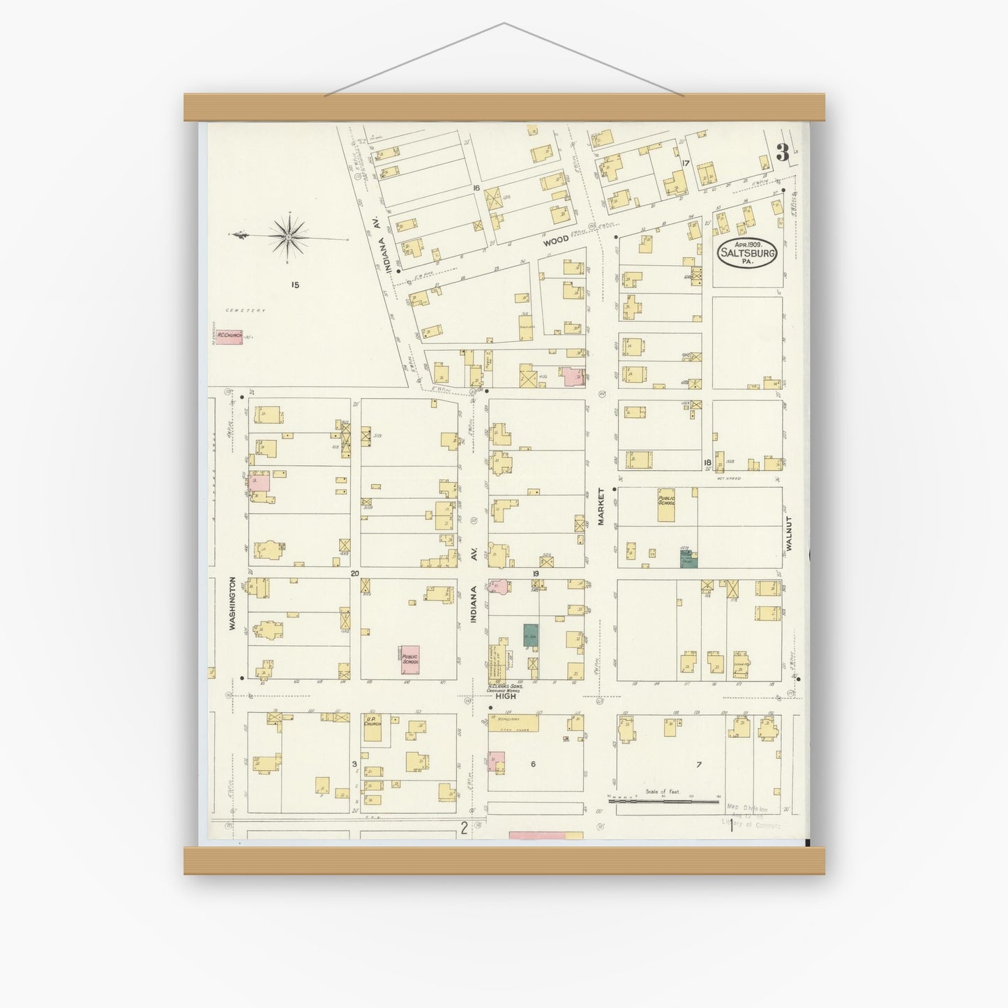 Old map wall art mockup — magnetic wood frame on white wall — Sanborn Fire Insurance Map from Saltsburg, Indiana County, Pennsylvania (1909), Sheet #0003
