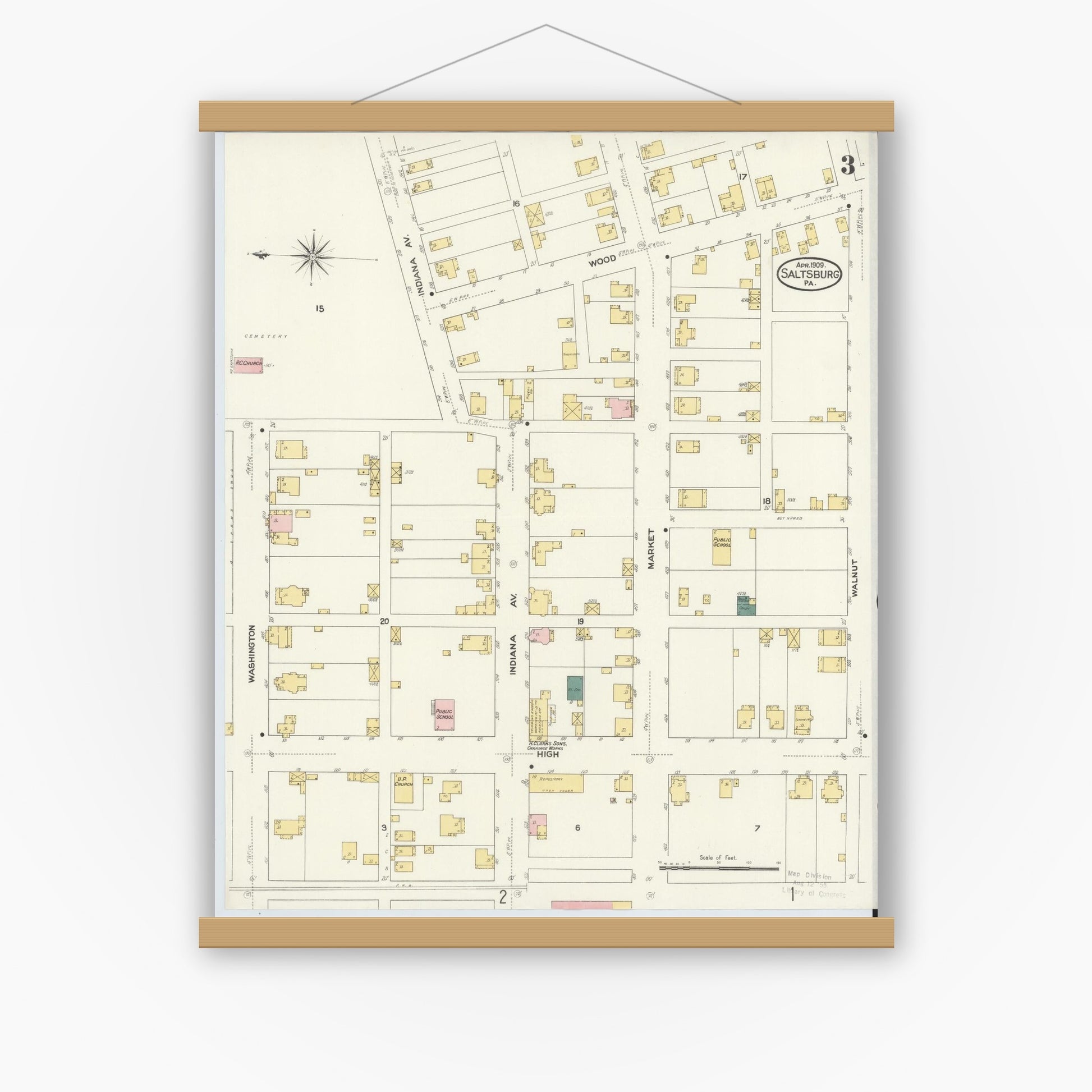 Old map wall art mockup — magnetic wood frame on white wall — Sanborn Fire Insurance Map from Saltsburg, Indiana County, Pennsylvania (1909), Sheet #0003