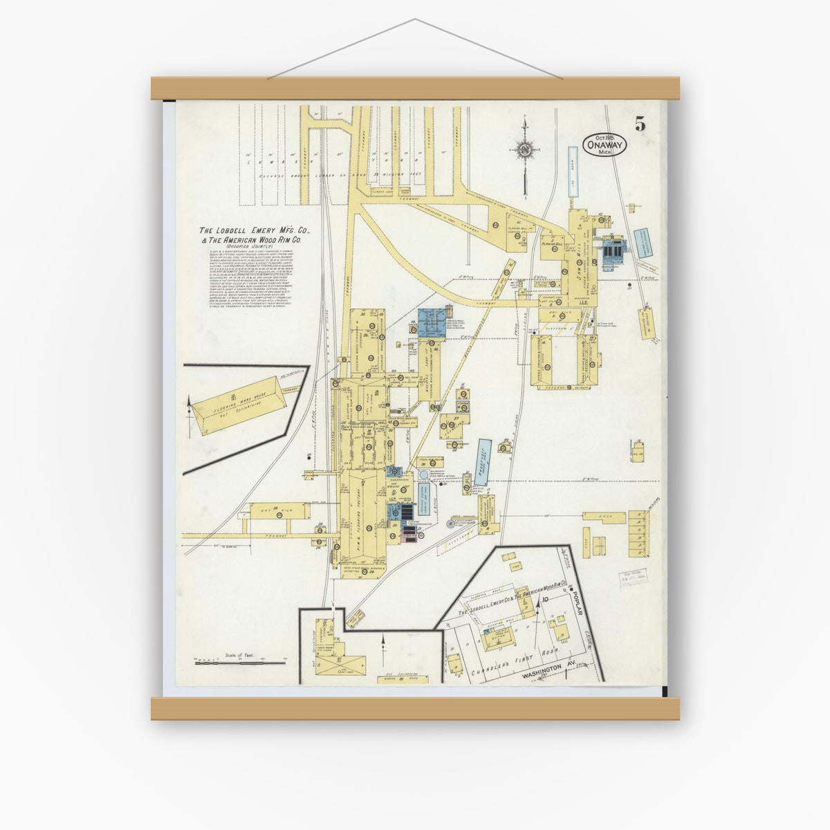 Old map wall art mockup — magnetic wood frame on white wall — Sanborn Fire Insurance Map from Onaway, Presque Isle County, Michigan (1915), Sheet #0005