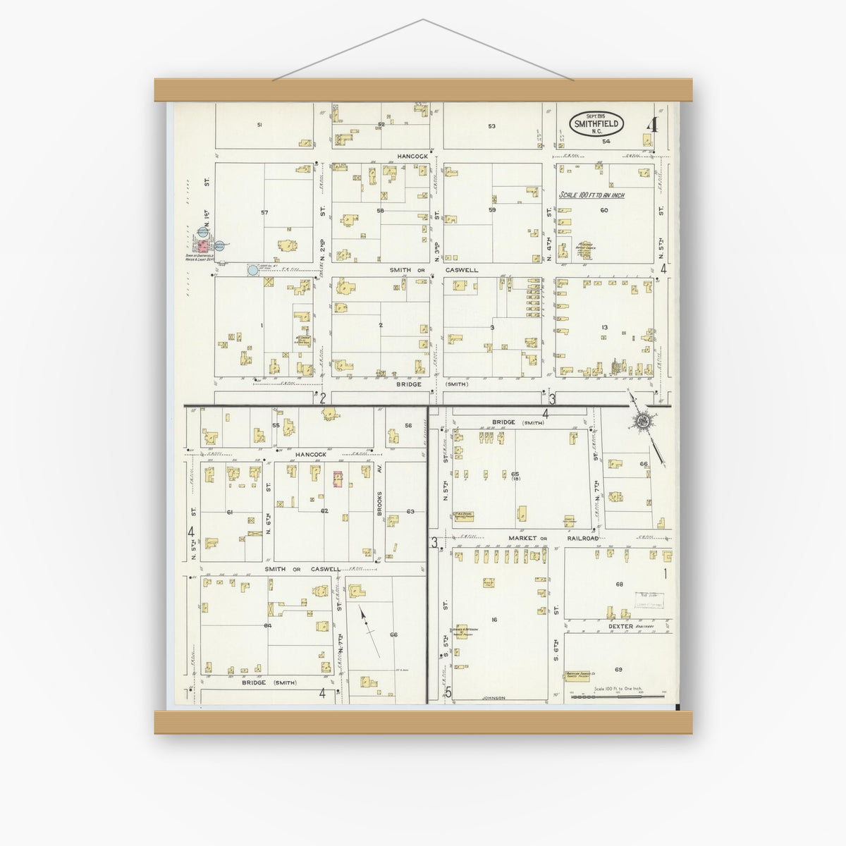 Old map wall art mockup — magnetic wood frame on white wall — Sanborn Fire Insurance Map from Smithfield, Johnston County, North Carolina (1915), Sheet #0004