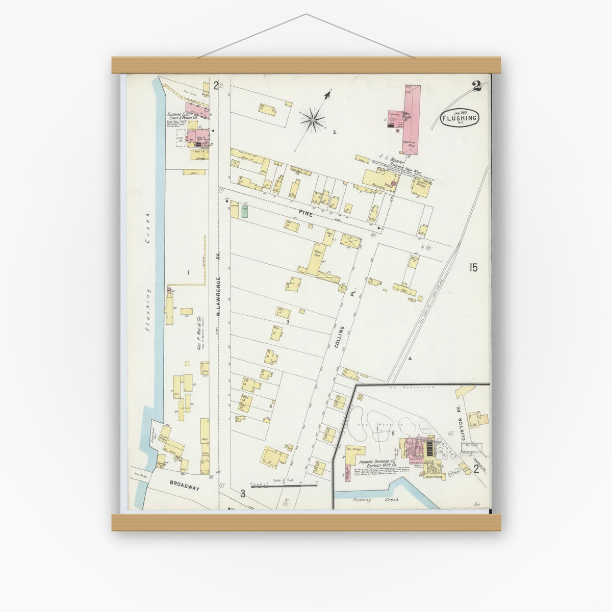 Old map wall art mockup — magnetic wood frame on white wall — Sanborn Fire Insurance Map from Flushing, Queens County, New York (1897), Sheet #0002