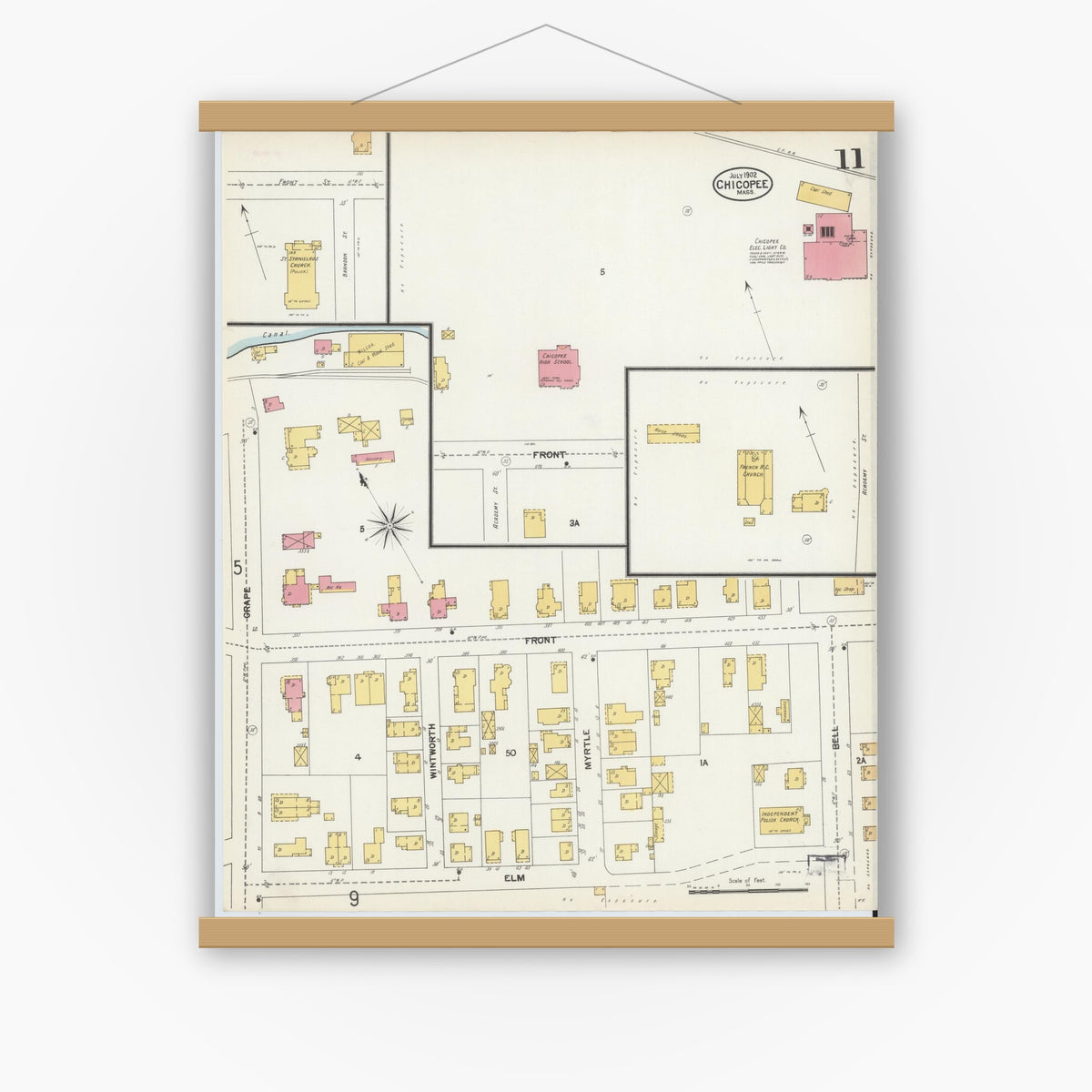 Old map wall art mockup — magnetic wood frame on white wall — Sanborn Fire Insurance Map from Chicopee, Hampden County, Massachusetts (1902), Sheet #0011