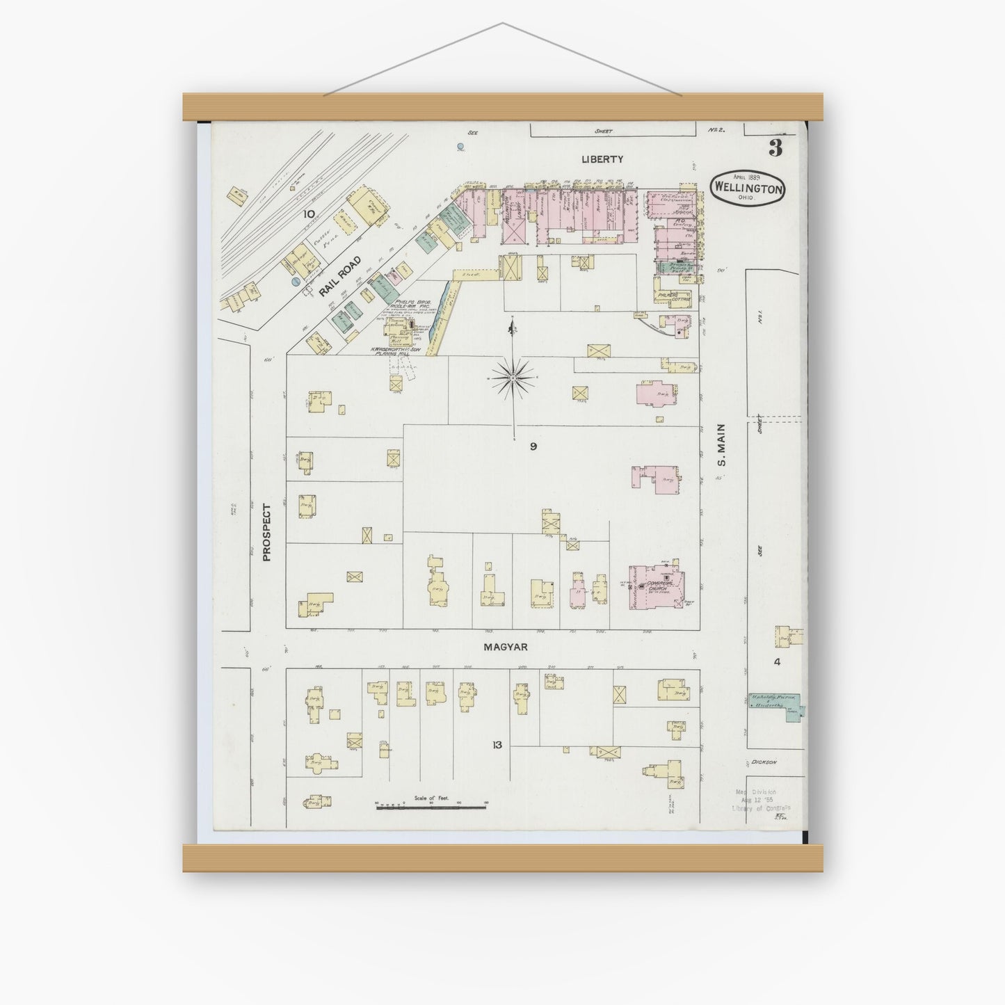 Old map wall art mockup — magnetic wood frame on white wall — Sanborn Fire Insurance Map from Wellington, Lorain County, Ohio (1889), Sheet #0003