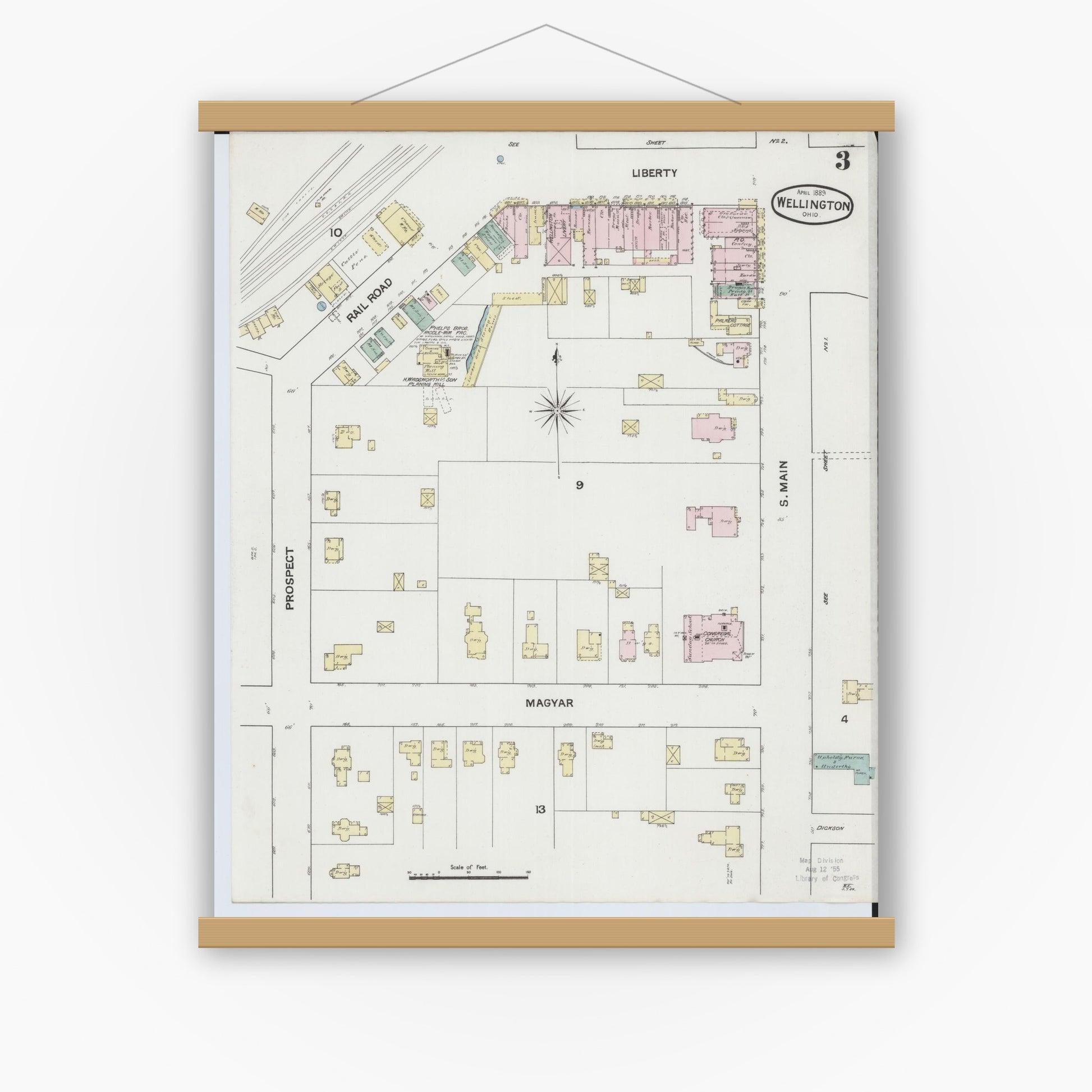 Old map wall art mockup — magnetic wood frame on white wall — Sanborn Fire Insurance Map from Wellington, Lorain County, Ohio (1889), Sheet #0003
