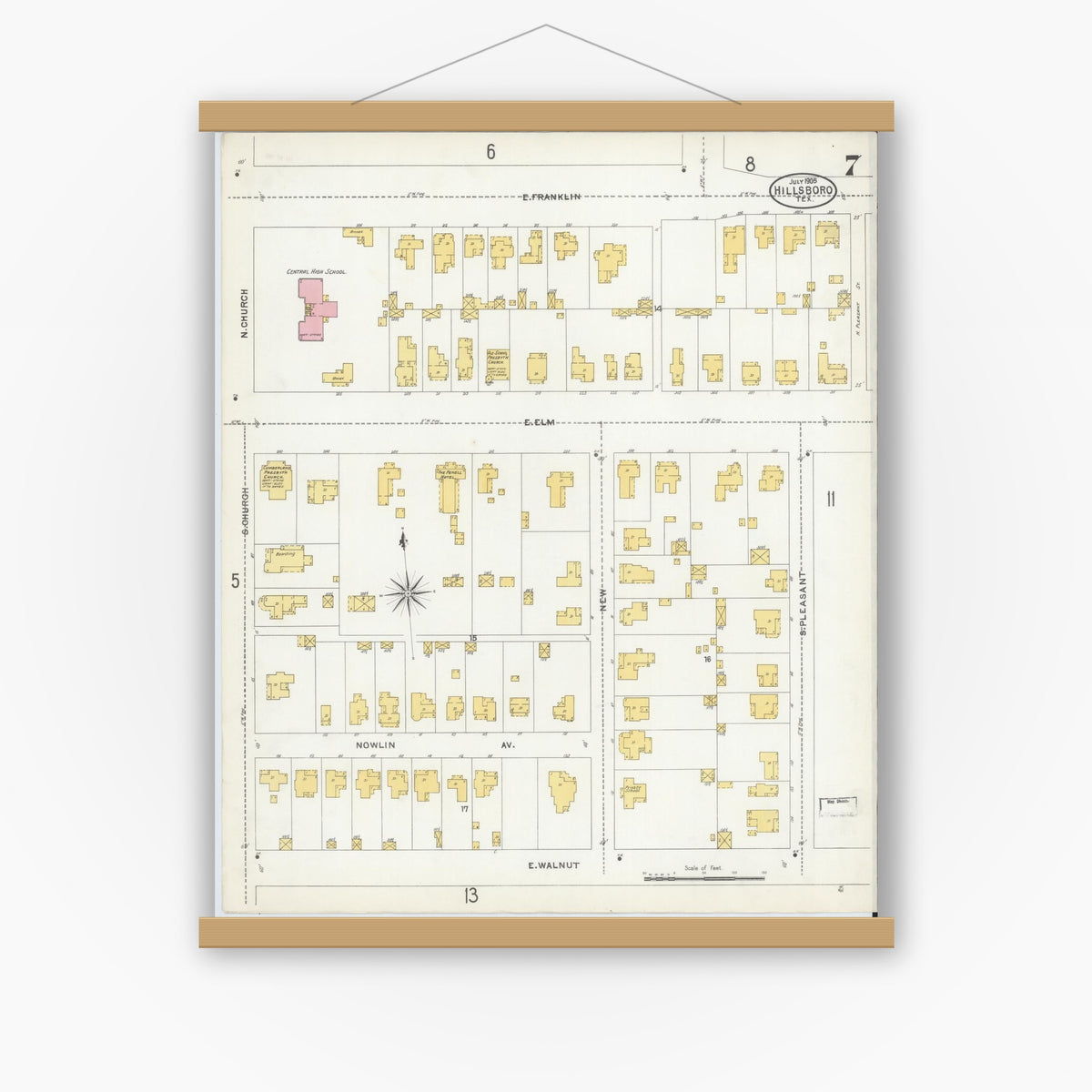 Old map wall art mockup — magnetic wood frame on white wall — Sanborn Fire Insurance Map from Hillsboro, Hill County, Texas (1905), Sheet #0007