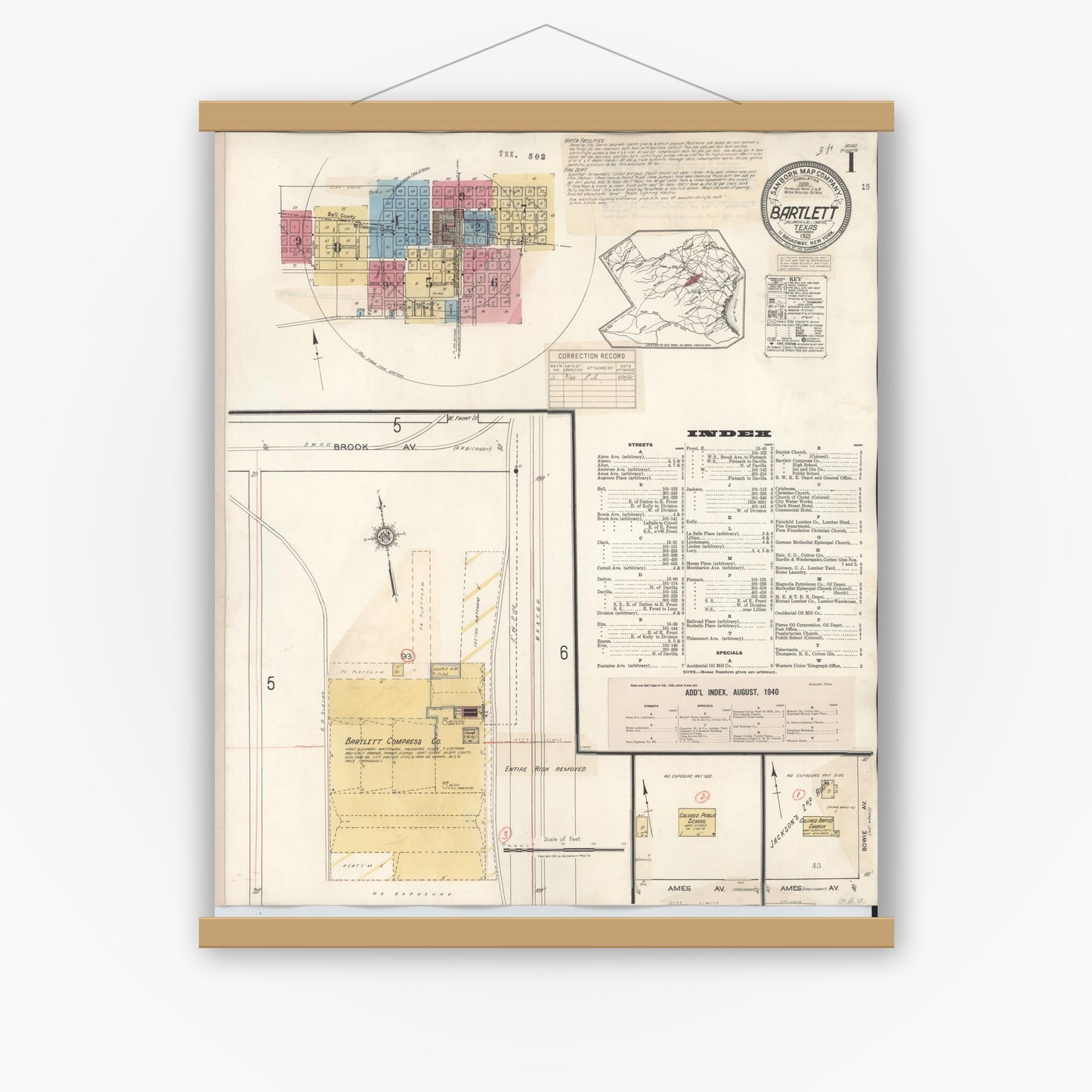 Old map wall art mockup — magnetic wood frame on white wall — Sanborn Fire Insurance Map from Bartlett, Bell and Williamson Counties, Texas (1940), Sheet #0001