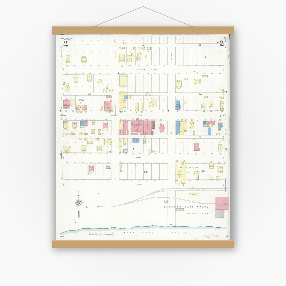 Old map wall art mockup — magnetic wood frame on white wall — Sanborn Fire Insurance Map from Grafton, Jersey County, Illinois (1936), Sheet #0002