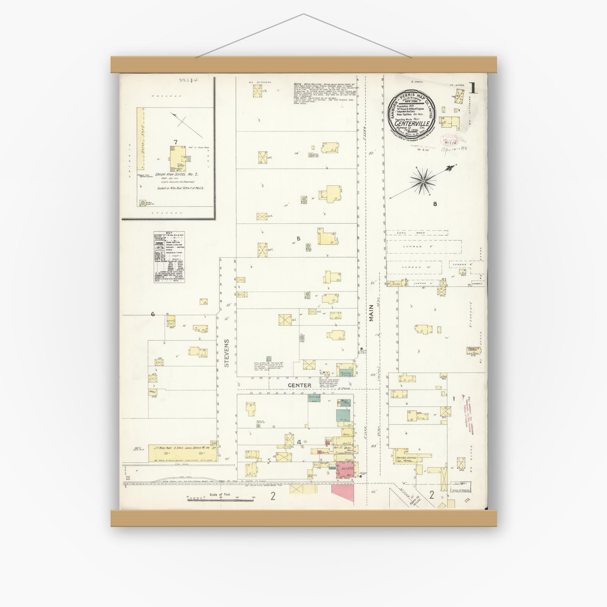 Old map wall art mockup — magnetic wood frame on white wall — Sanborn Fire Insurance Map from Centerville, Alameda County, California (1896) - Complete Map Set