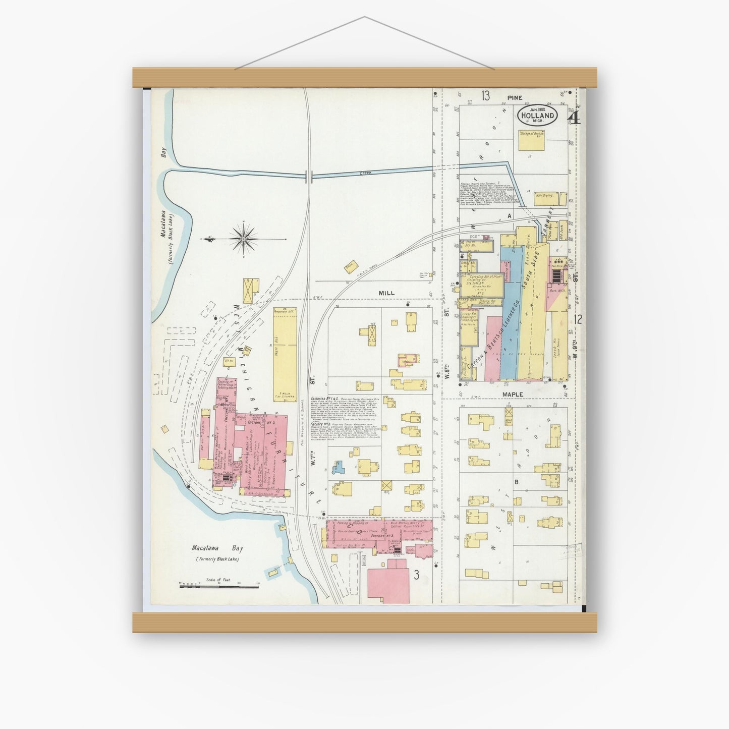 Old map wall art mockup — magnetic wood frame on white wall — Sanborn Fire Insurance Map from Holland, Ottawa County, Michigan (1902), Sheet #0004