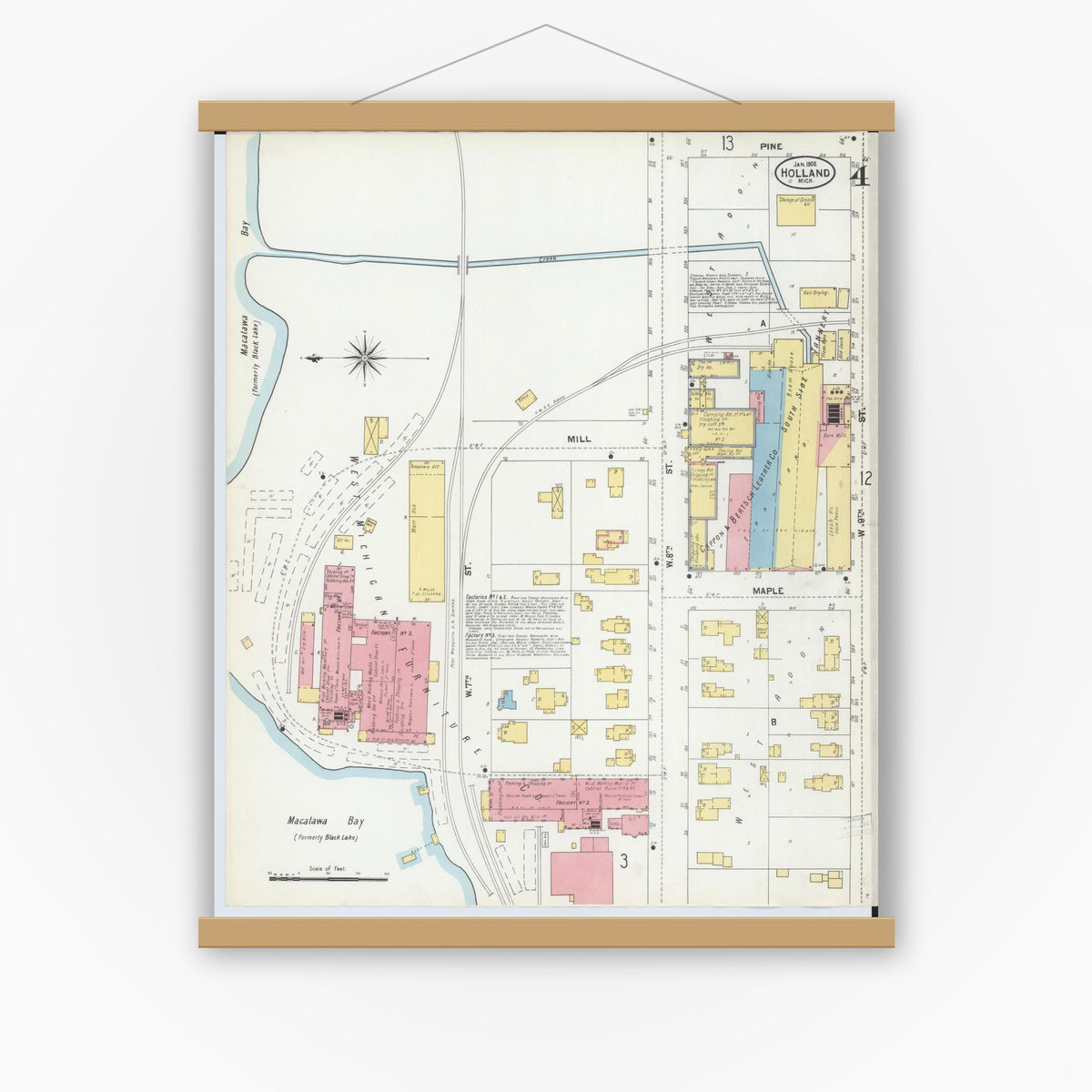 Old map wall art mockup — magnetic wood frame on white wall — Sanborn Fire Insurance Map from Holland, Ottawa County, Michigan (1902), Sheet #0004