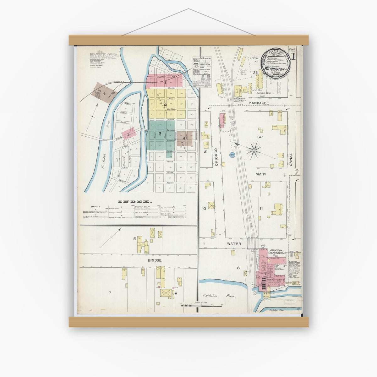 Old map wall art mockup — magnetic wood frame on white wall — Sanborn Fire Insurance Map from Wilmington, Will County, Illinois (1892) - Complete Map Set