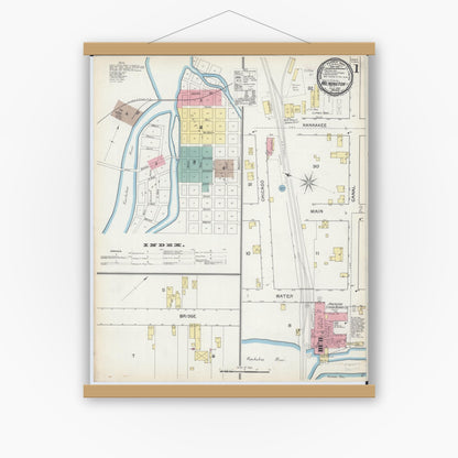 Old map wall art mockup — magnetic wood frame on white wall — Sanborn Fire Insurance Map from Wilmington, Will County, Illinois (1892) - Complete Map Set