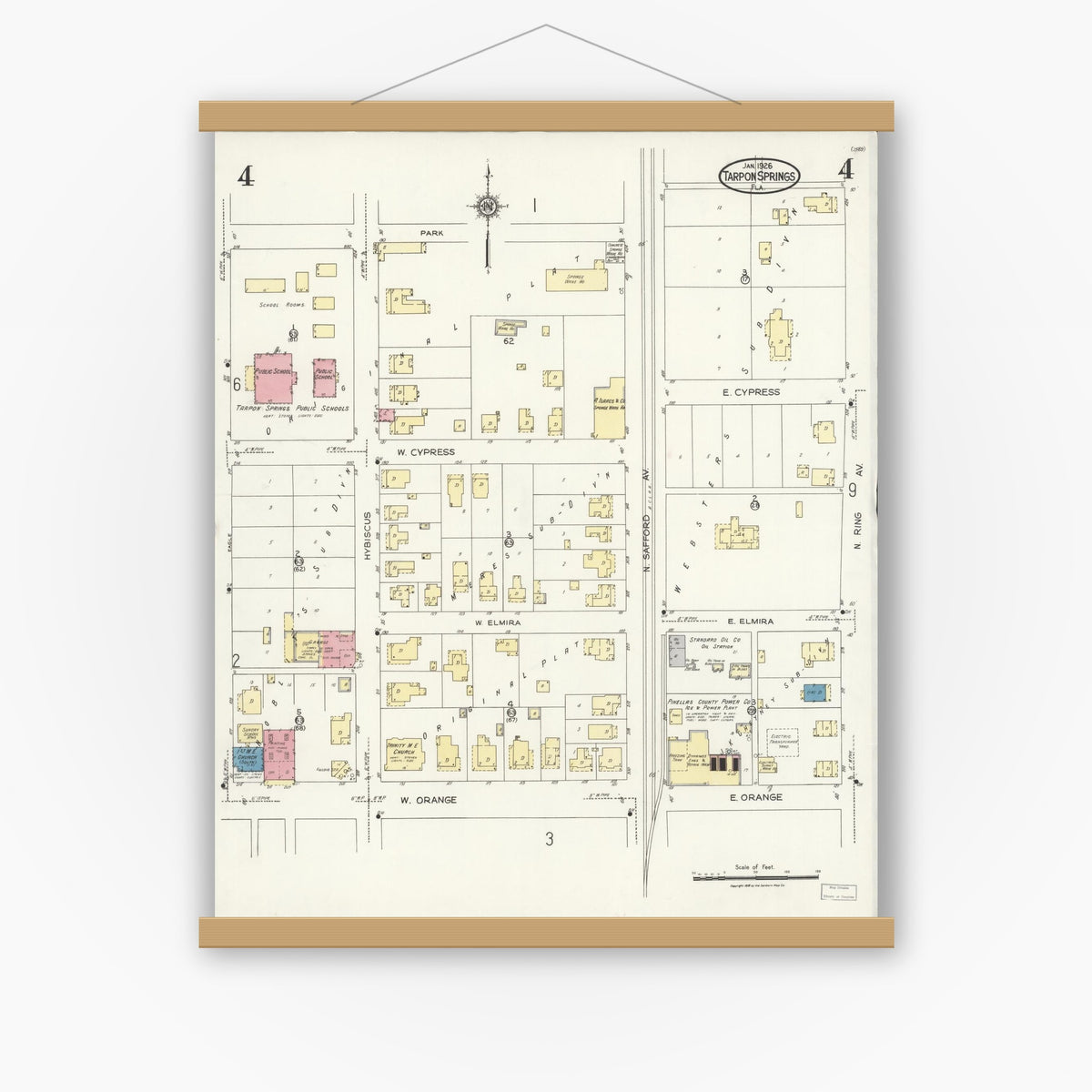 Old map wall art mockup — magnetic wood frame on white wall — Sanborn Fire Insurance Map from Tarpon Springs, Pinellas County, Florida (1926), Sheet #0004