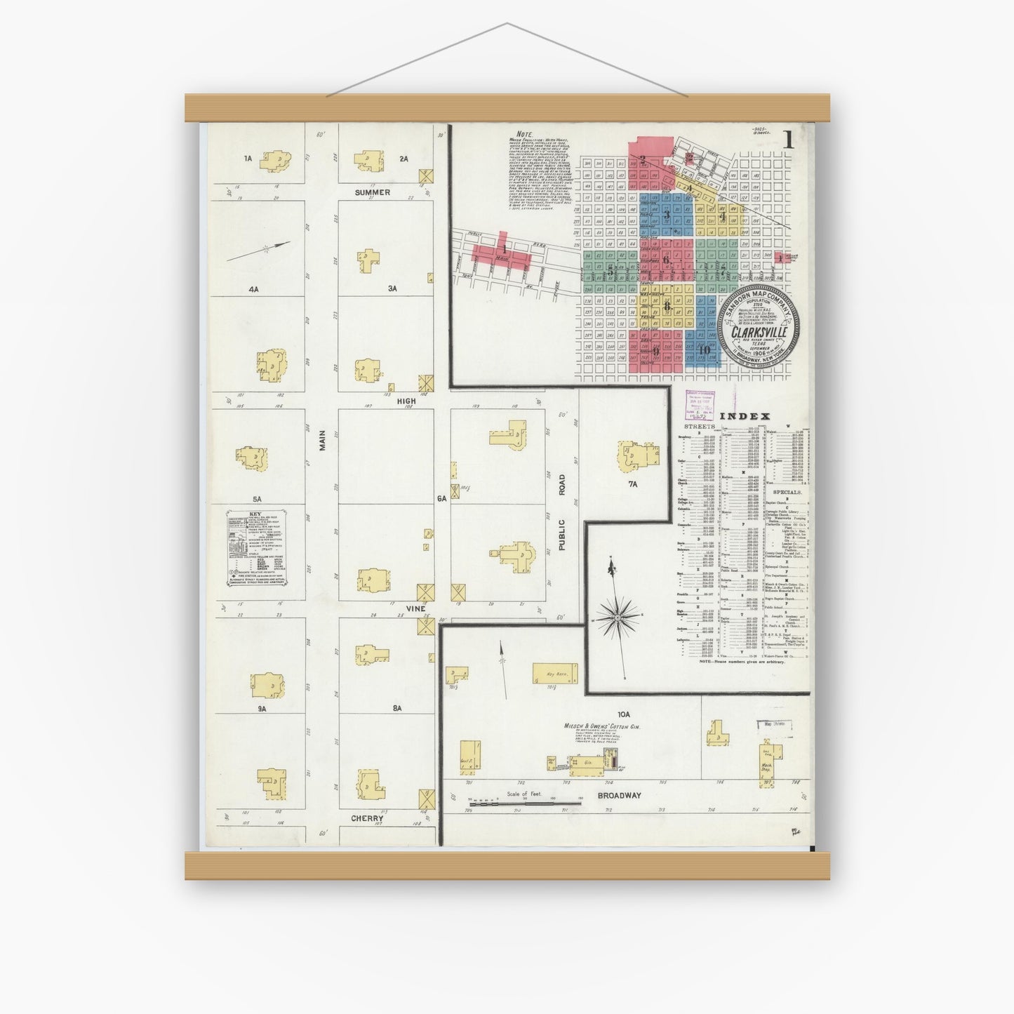 Old map wall art mockup — magnetic wood frame on white wall — Sanborn Fire Insurance Map from Clarksville, Red River County, Texas (1906) - Complete Map Set