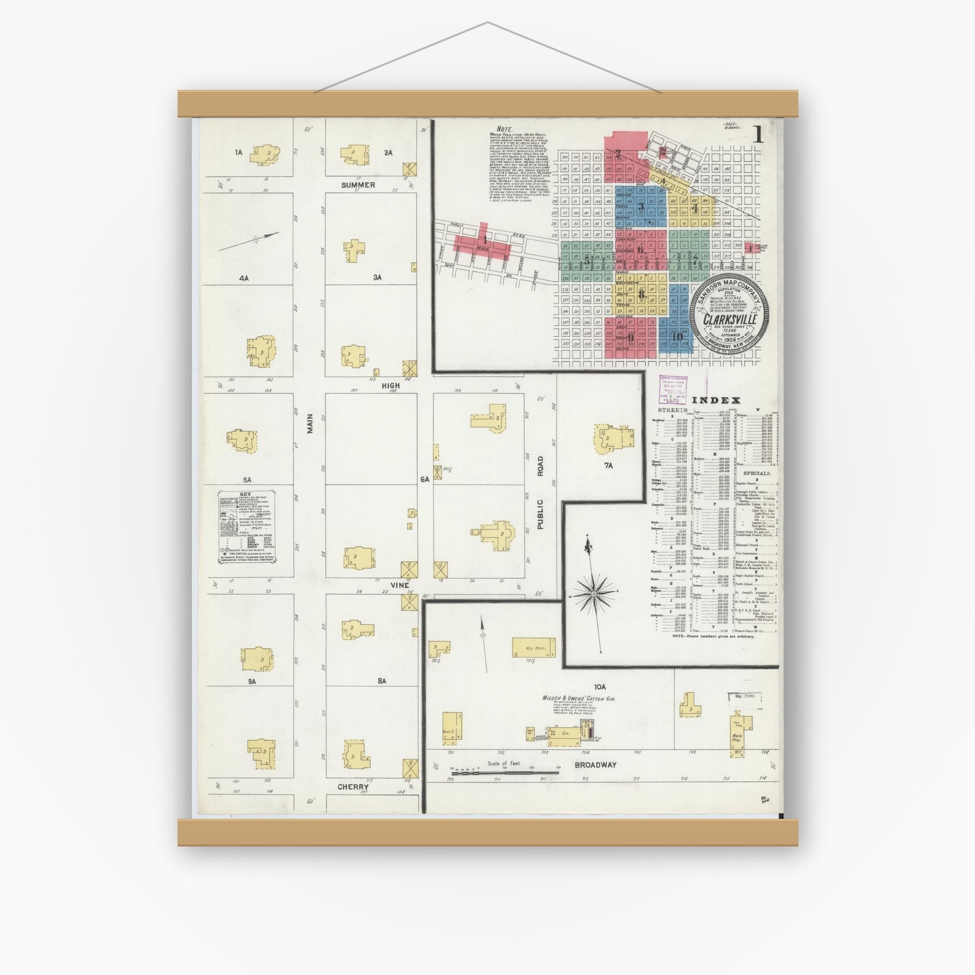 Old map wall art mockup — magnetic wood frame on white wall — Sanborn Fire Insurance Map from Clarksville, Red River County, Texas (1906) - Complete Map Set