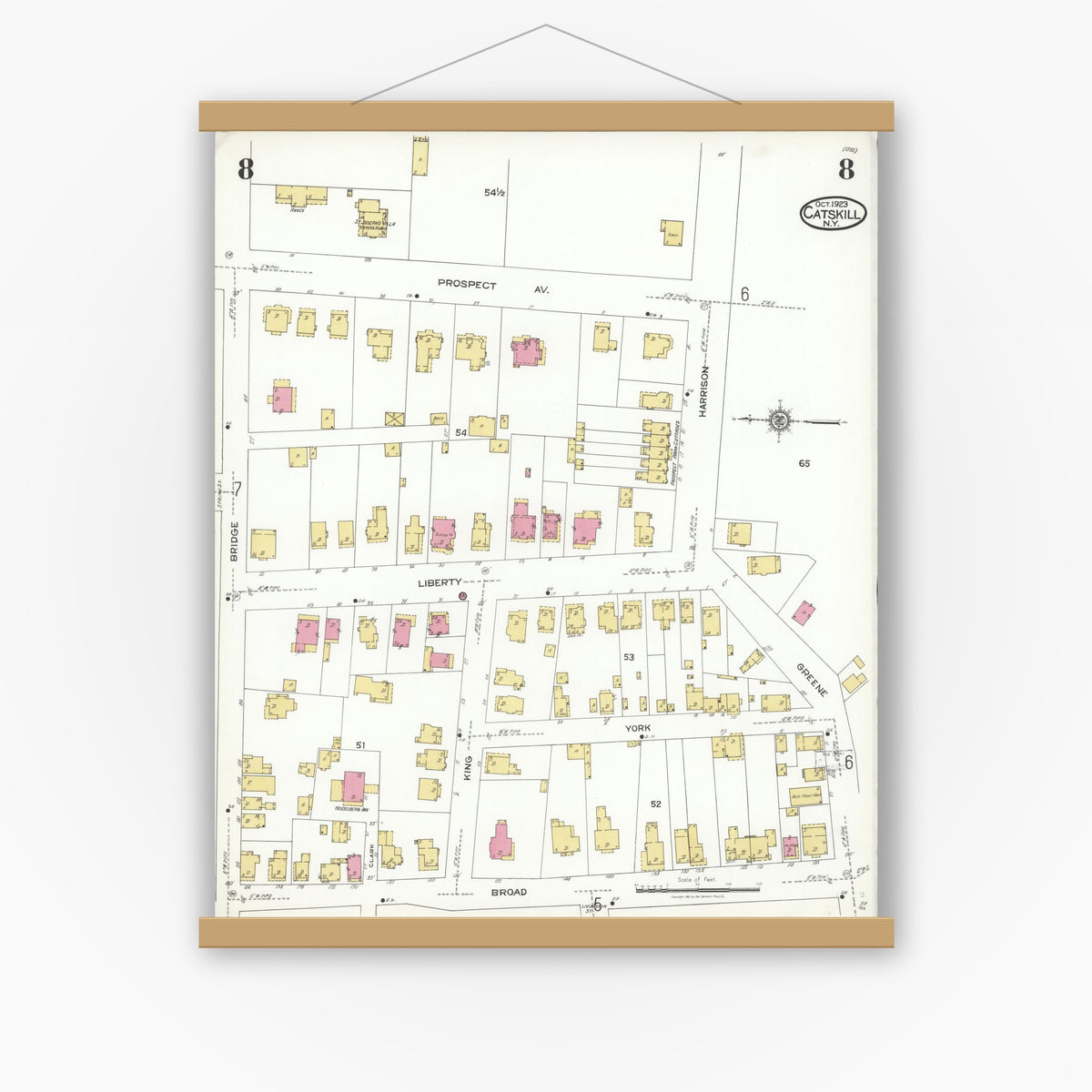 Old map wall art mockup — magnetic wood frame on white wall — Sanborn Fire Insurance Map from Catskill, Greene County, New York (1923), Sheet #0008