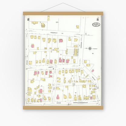 Old map wall art mockup — magnetic wood frame on white wall — Sanborn Fire Insurance Map from Catskill, Greene County, New York (1923), Sheet #0008