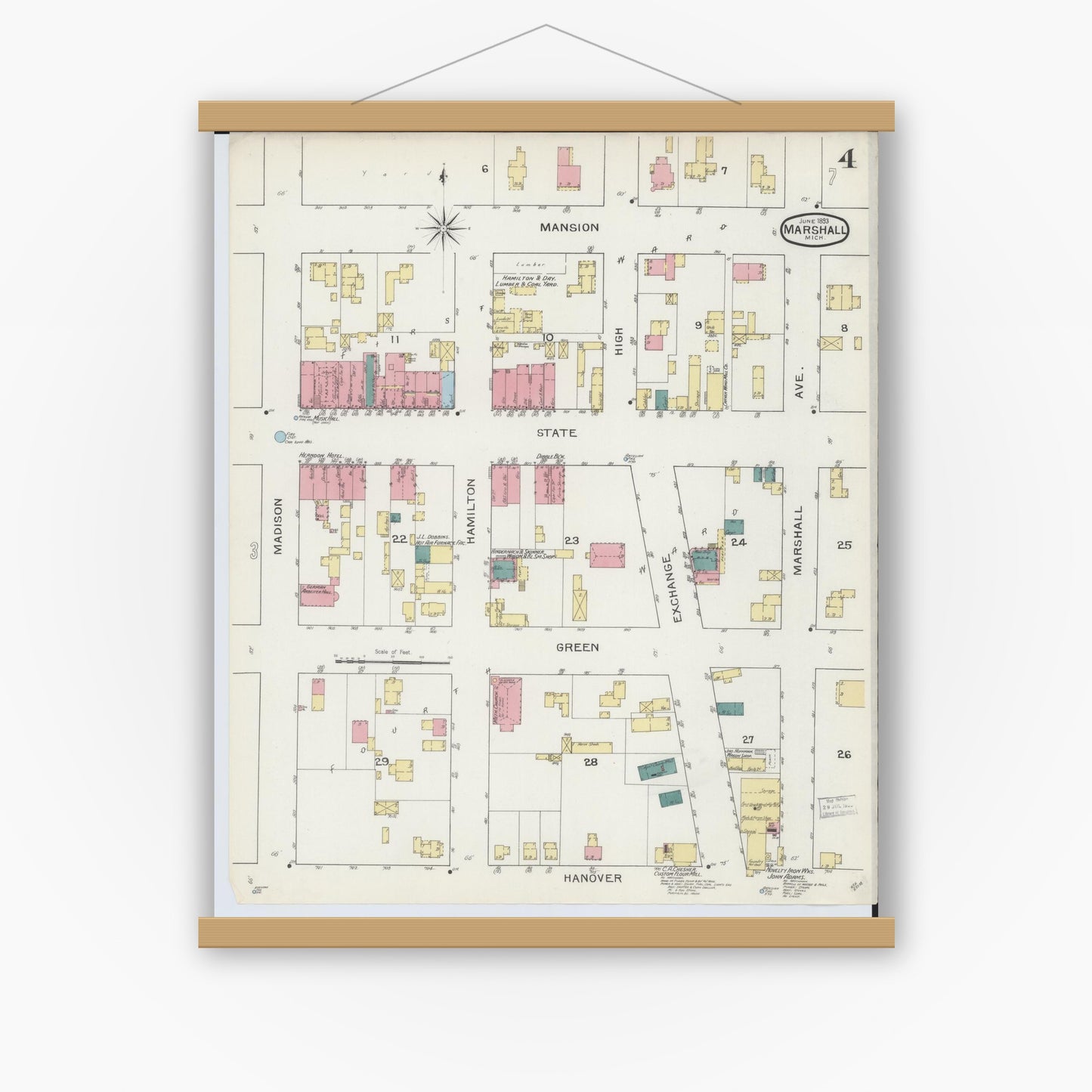 Old map wall art mockup — magnetic wood frame on white wall — Sanborn Fire Insurance Map from Marshall, Calhoun County, Michigan (1893), Sheet #0004