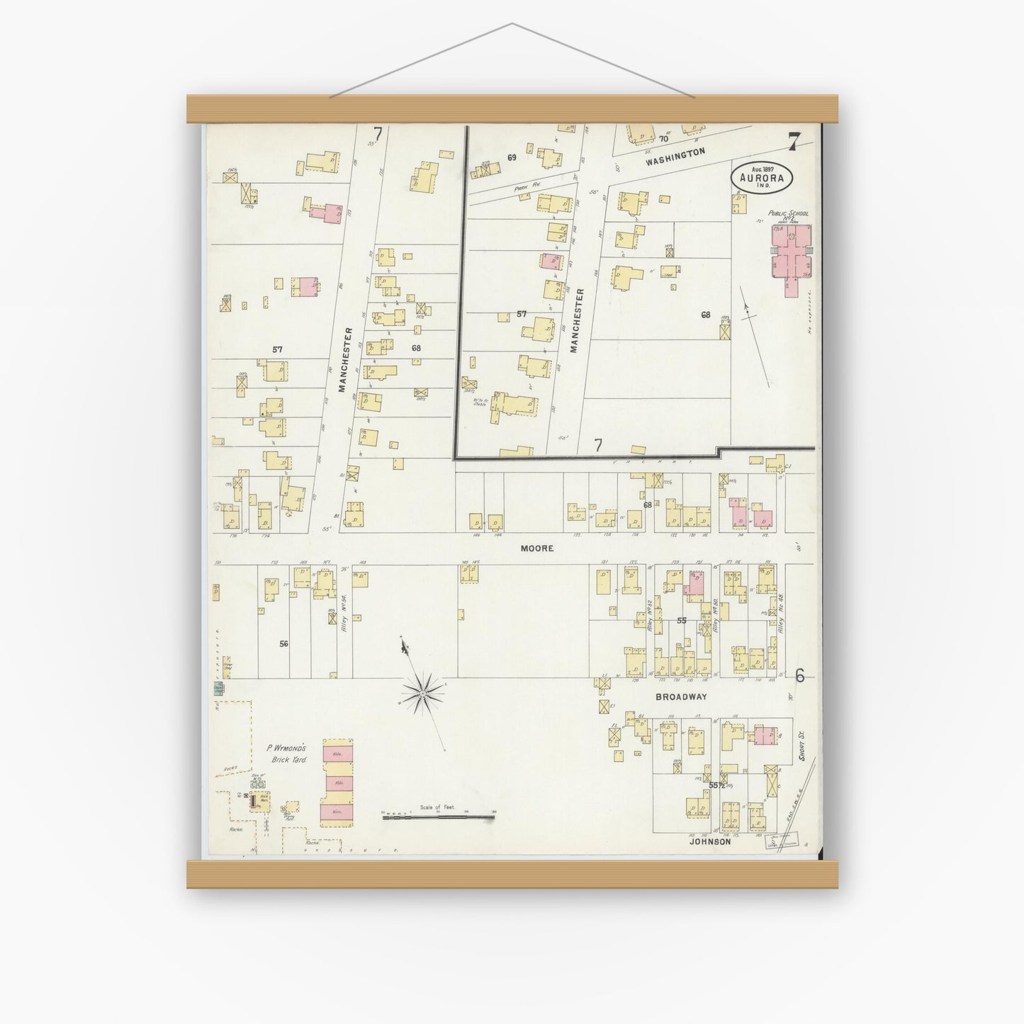Old map wall art mockup — magnetic wood frame on white wall — Sanborn Fire Insurance Map from Aurora, Dearborn County, Indiana (1897), Sheet #0007
