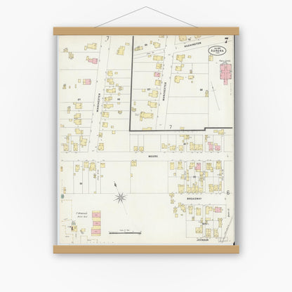 Old map wall art mockup — magnetic wood frame on white wall — Sanborn Fire Insurance Map from Aurora, Dearborn County, Indiana (1897), Sheet #0007
