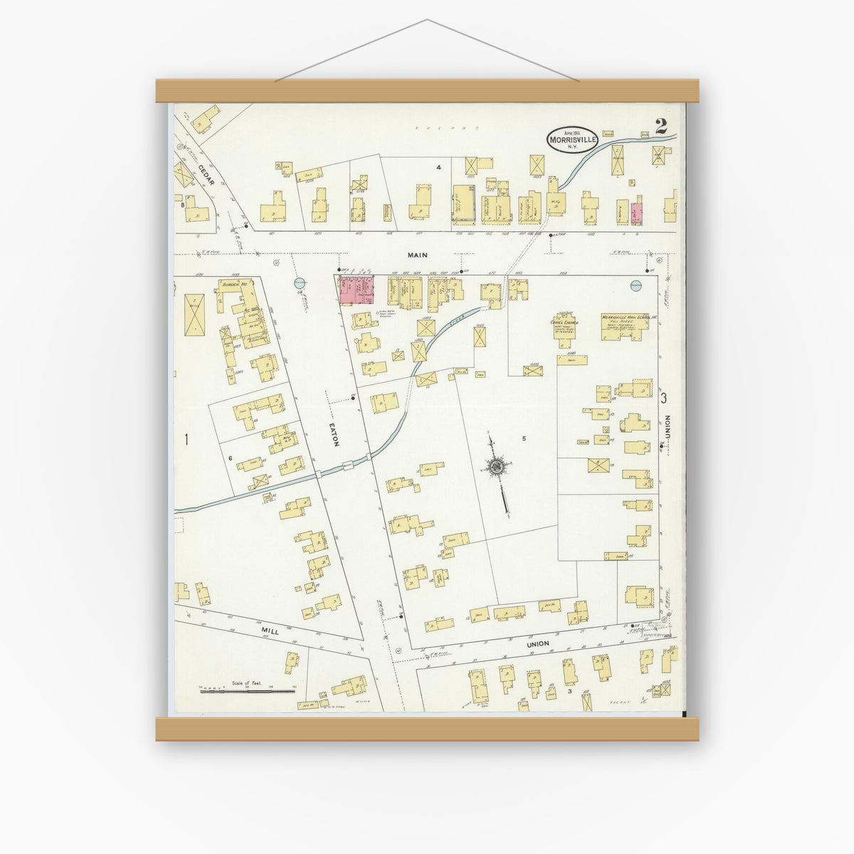 Old map wall art mockup — magnetic wood frame on white wall — Sanborn Fire Insurance Map from Morrisville, Madison County, New York (1911), Sheet #0002