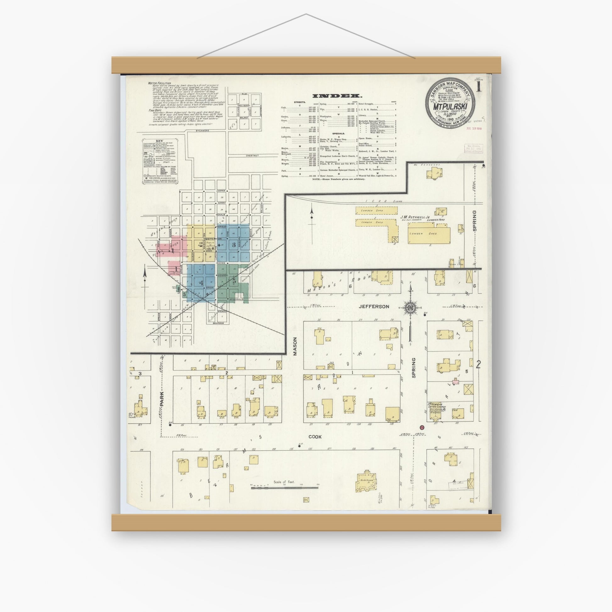Old map wall art mockup — magnetic wood frame on white wall — Sanborn Fire Insurance Map from Mount Pulaski, Logan County, Illinois (1910) - Complete Map Set