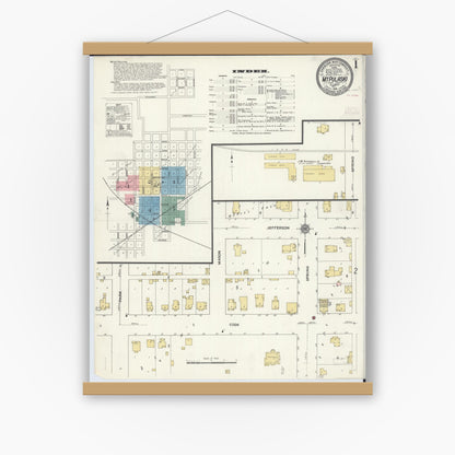 Old map wall art mockup — magnetic wood frame on white wall — Sanborn Fire Insurance Map from Mount Pulaski, Logan County, Illinois (1910) - Complete Map Set