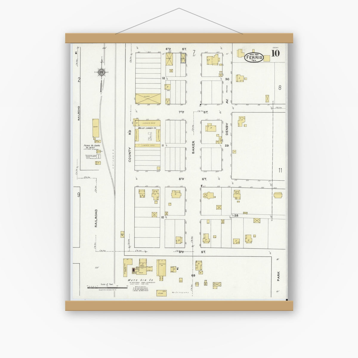 Old map wall art mockup — magnetic wood frame on white wall — Sanborn Fire Insurance Map from Ferris, Ellis County, Texas (1921), Sheet #0010