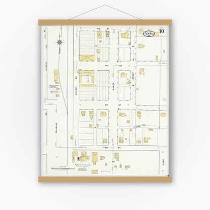 Old map wall art mockup — magnetic wood frame on white wall — Sanborn Fire Insurance Map from Ferris, Ellis County, Texas (1921), Sheet #0010