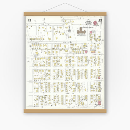 Old map wall art mockup — magnetic wood frame on white wall — Sanborn Fire Insurance Map from Taylor, Williamson County, Texas (1923), Sheet #0015