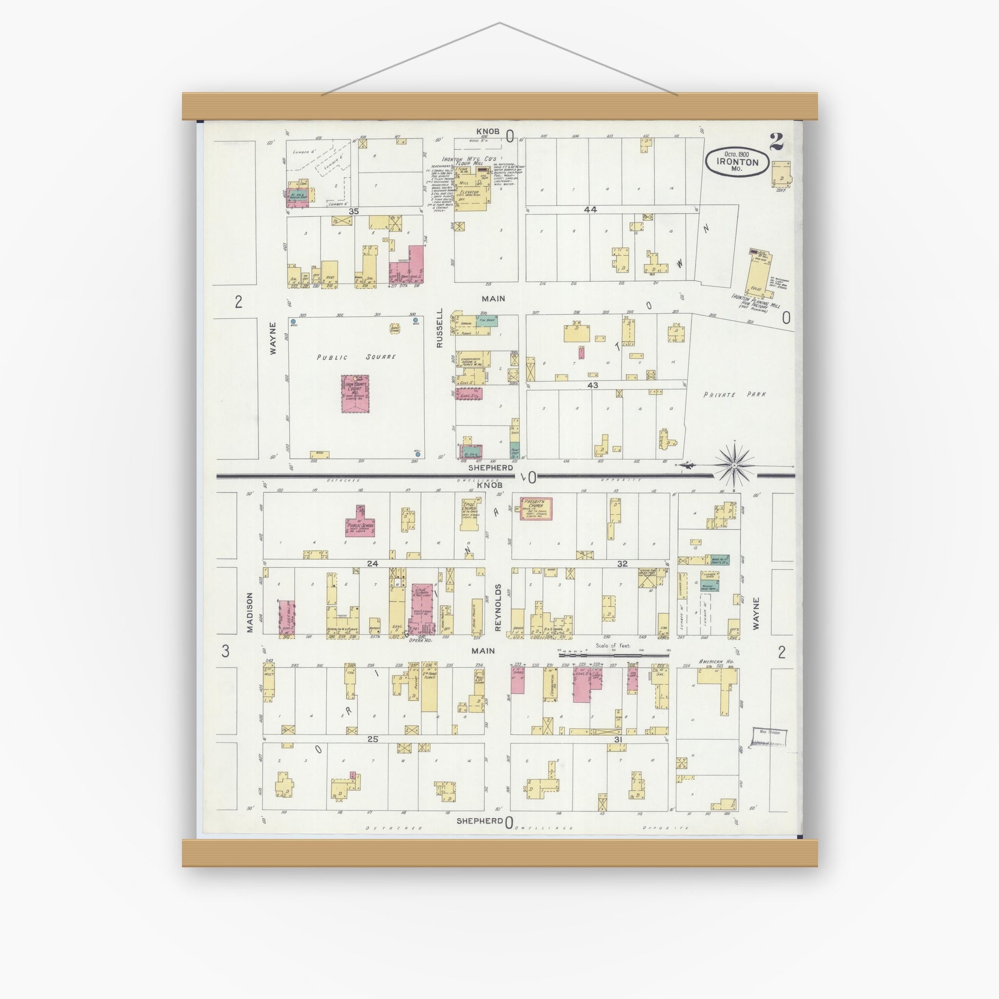 Old map wall art mockup — magnetic wood frame on white wall — Sanborn Fire Insurance Map from Ironton, Iron County, Missouri (1900), Sheet #0002