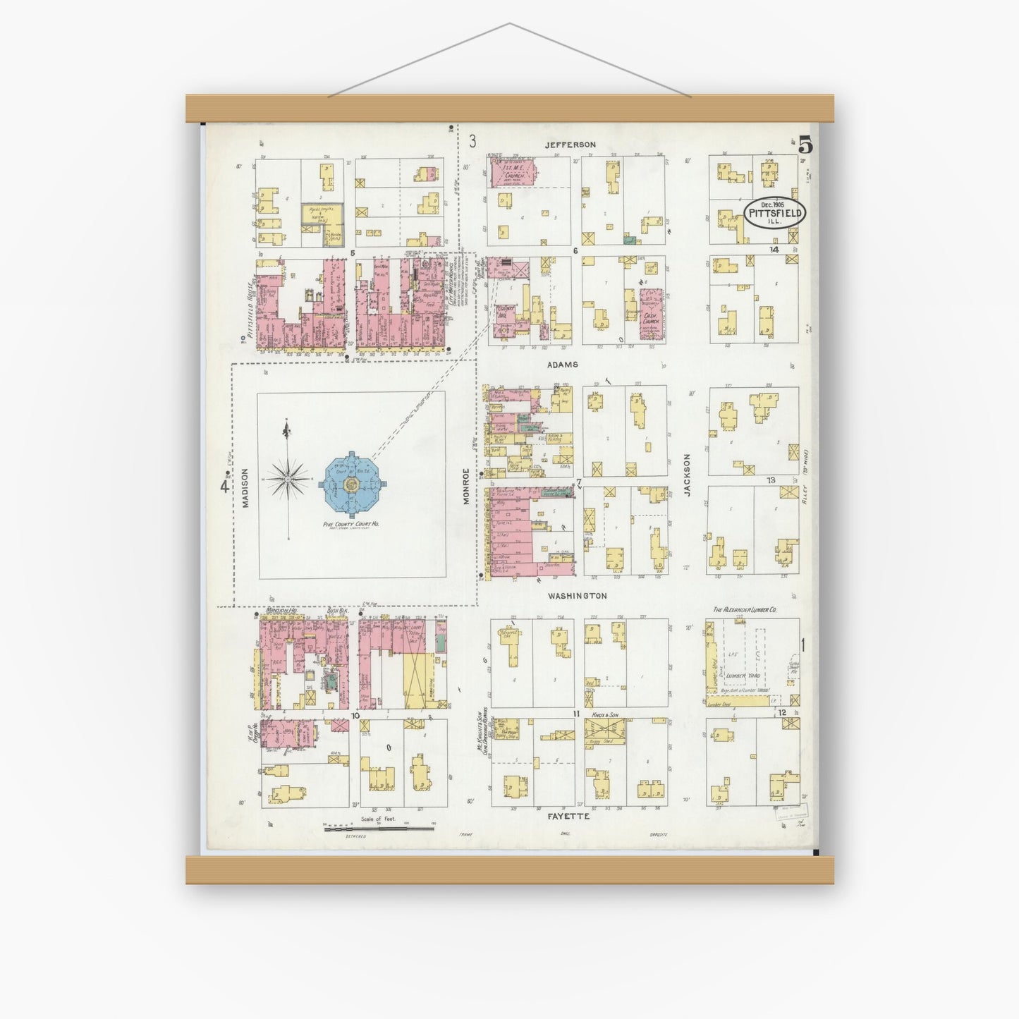 Old map wall art mockup — magnetic wood frame on white wall — Sanborn Fire Insurance Map from Pittsfield, Pike County, Illinois (1905), Sheet #0005