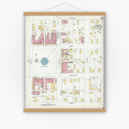 Old map wall art mockup — magnetic wood frame on white wall — Sanborn Fire Insurance Map from Pittsfield, Pike County, Illinois (1905), Sheet #0005