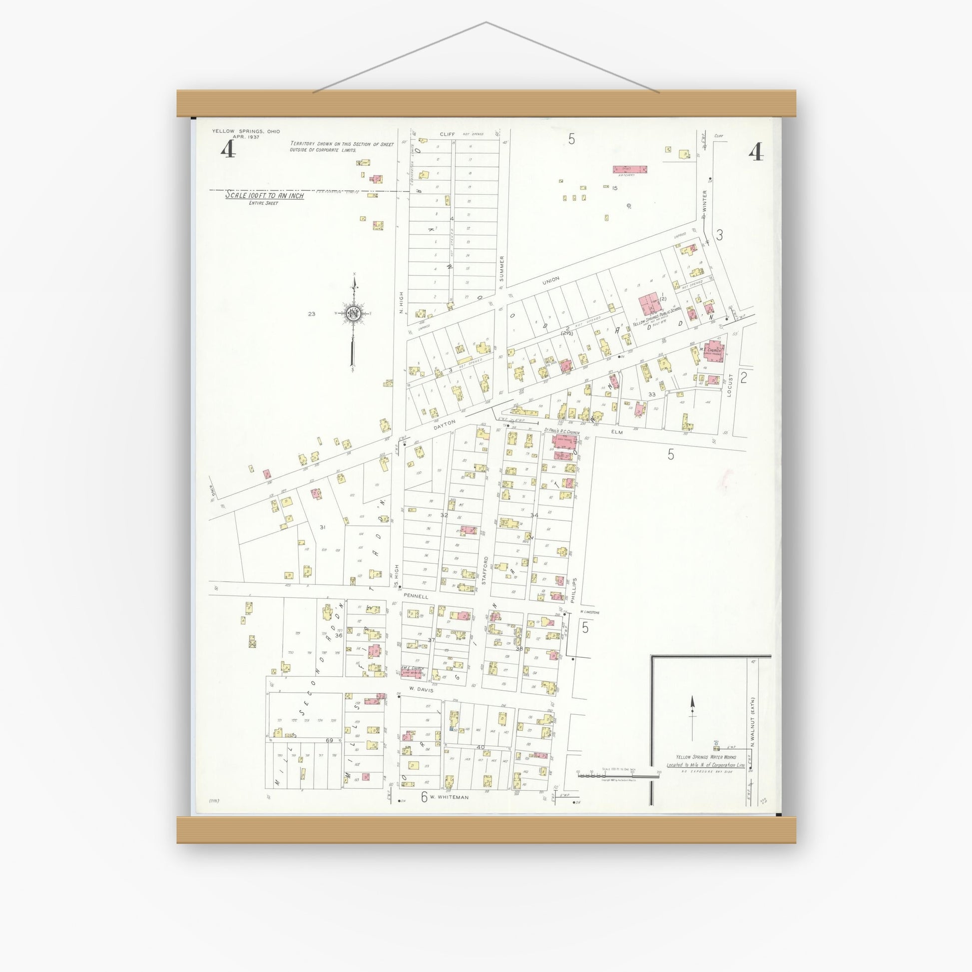 Old map wall art mockup — magnetic wood frame on white wall — Sanborn Fire Insurance Map from Yellow Springs, Greene County, Ohio (1937), Sheet #0004