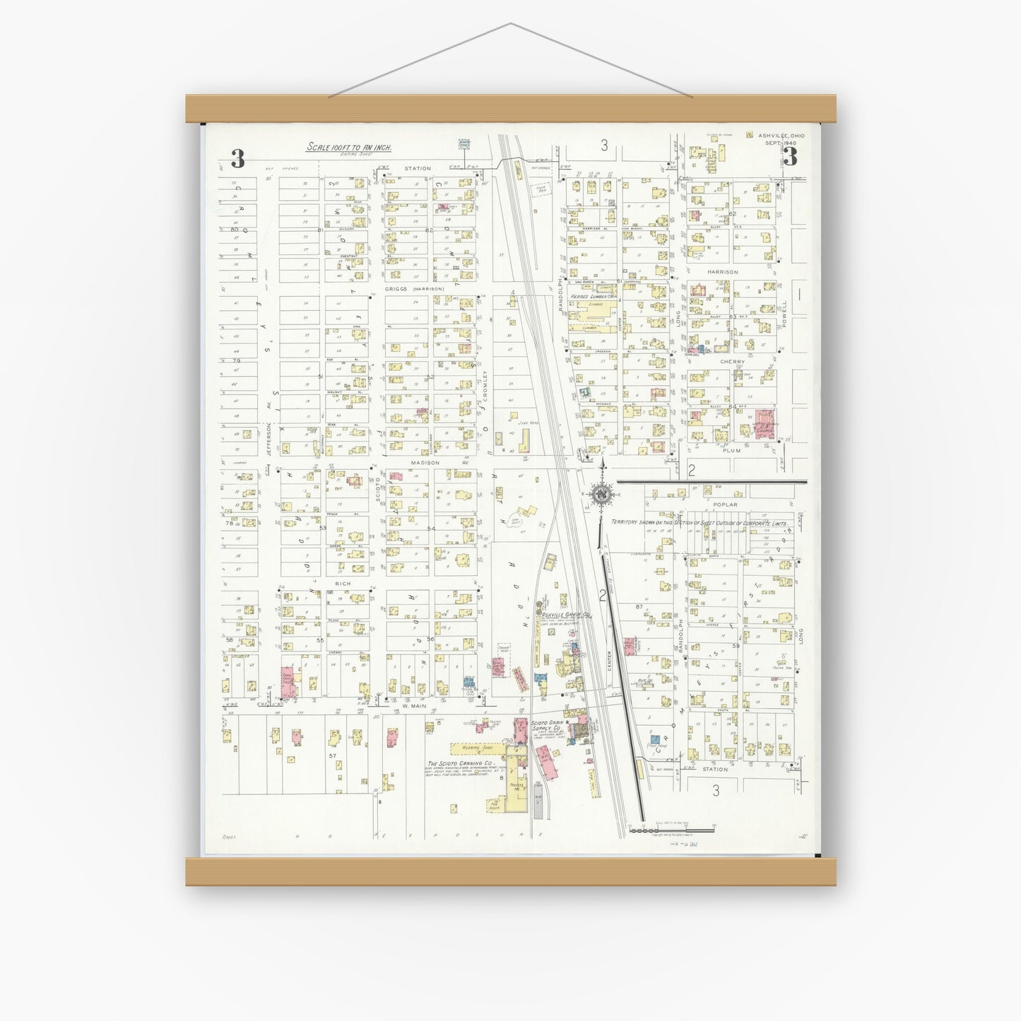 Old map wall art mockup — magnetic wood frame on white wall — Sanborn Fire Insurance Map from Ashville, Pickaway County, Ohio (1940), Sheet #0003