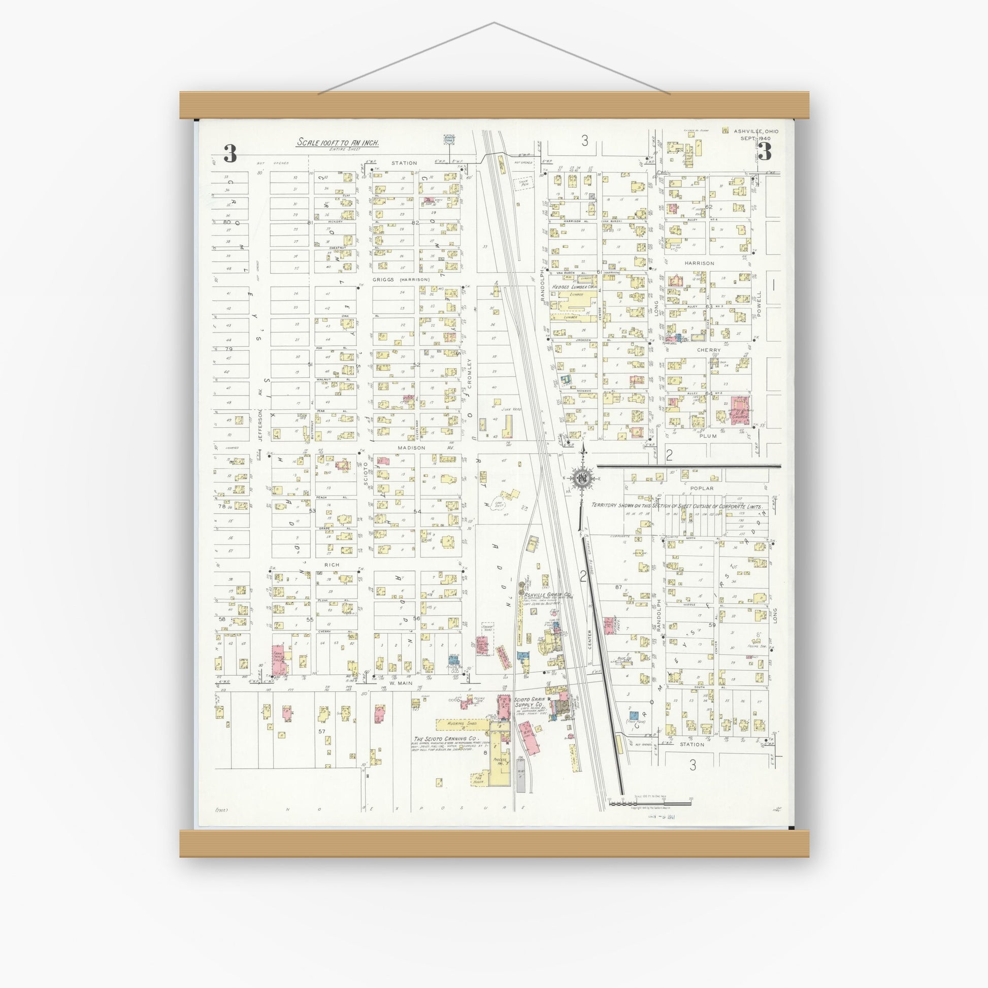 Old map wall art mockup — magnetic wood frame on white wall — Sanborn Fire Insurance Map from Ashville, Pickaway County, Ohio (1940), Sheet #0003