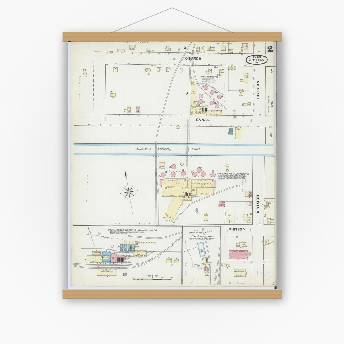 Old map wall art mockup — magnetic wood frame on white wall — Sanborn Fire Insurance Map from Utica, La Salle County, Illinois (1891), Sheet #0002