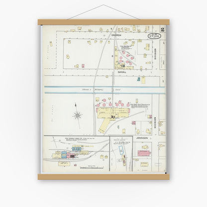 Old map wall art mockup — magnetic wood frame on white wall — Sanborn Fire Insurance Map from Utica, La Salle County, Illinois (1891), Sheet #0002