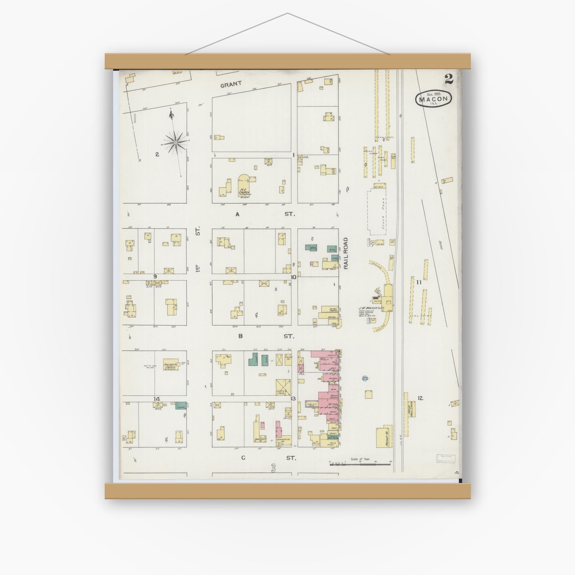Old map wall art mockup — magnetic wood frame on white wall — Sanborn Fire Insurance Map from Macon, Macon County, Illinois (1893), Sheet #0002