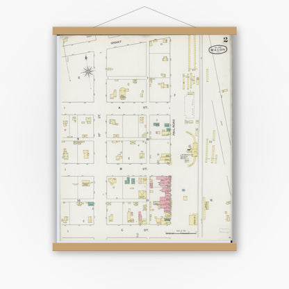 Old map wall art mockup — magnetic wood frame on white wall — Sanborn Fire Insurance Map from Macon, Macon County, Illinois (1893), Sheet #0002