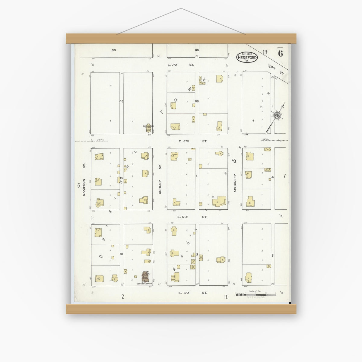 Old map wall art mockup — magnetic wood frame on white wall — Sanborn Fire Insurance Map from Hereford, Deaf Smith County, Texas (1920), Sheet #0006
