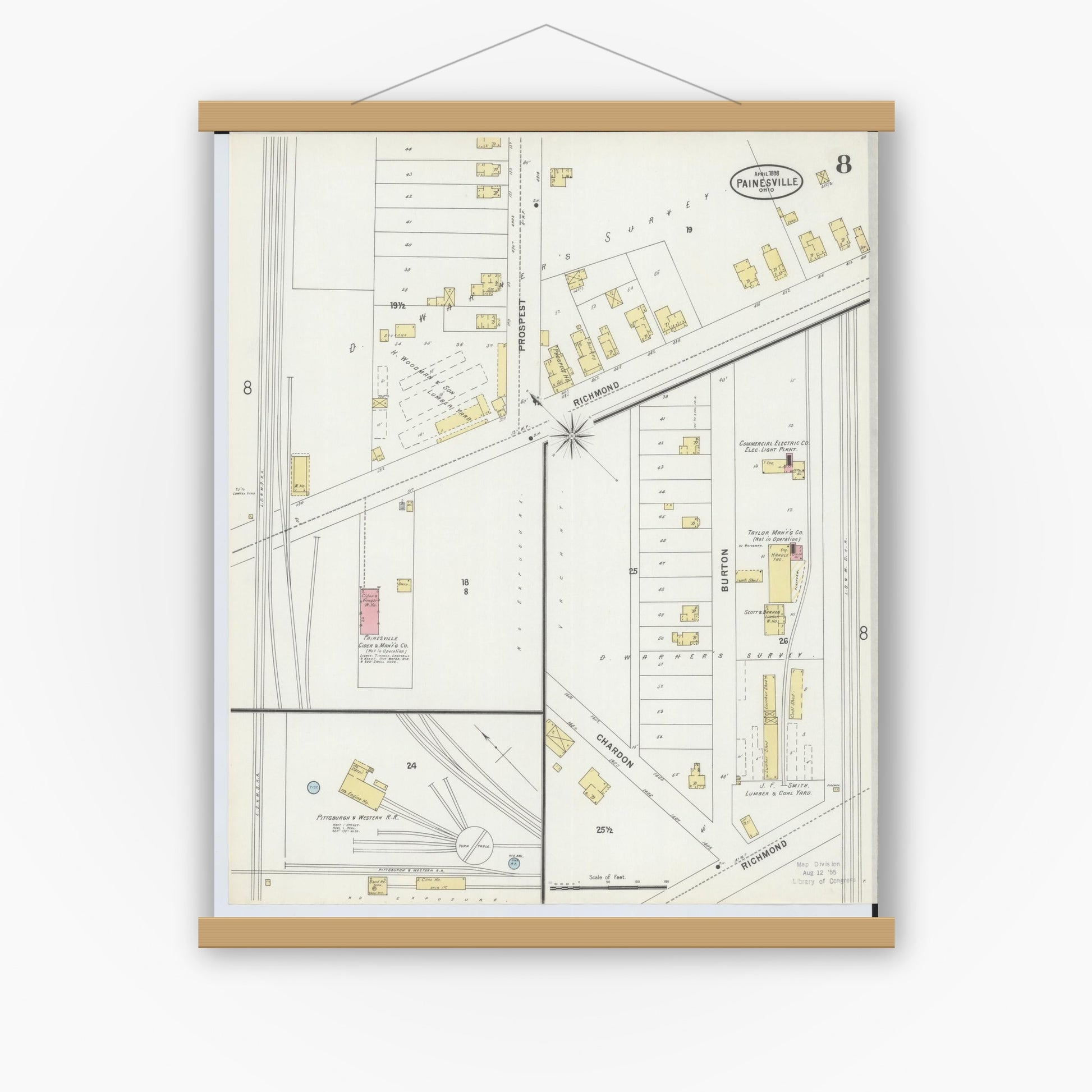 Old map wall art mockup — magnetic wood frame on white wall — Sanborn Fire Insurance Map from Painesville, Lake County, Ohio (1898), Sheet #0008