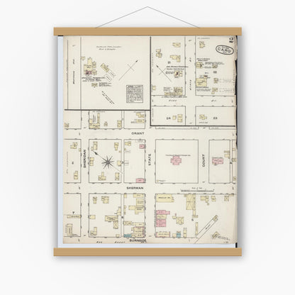 Old map wall art mockup — magnetic wood frame on white wall — Sanborn Fire Insurance Map from Caro, Tuscola County, Michigan (1884), Sheet #0002