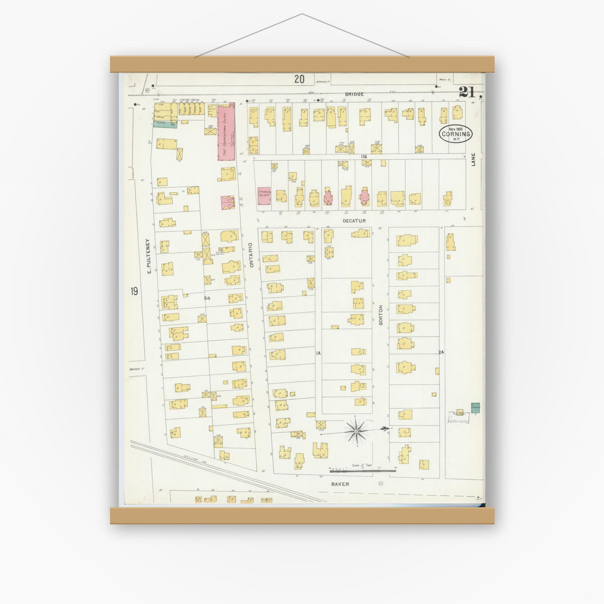 Old map wall art mockup — magnetic wood frame on white wall — Sanborn Fire Insurance Map from Corning, Steuben County, New York (1903), Sheet #0021