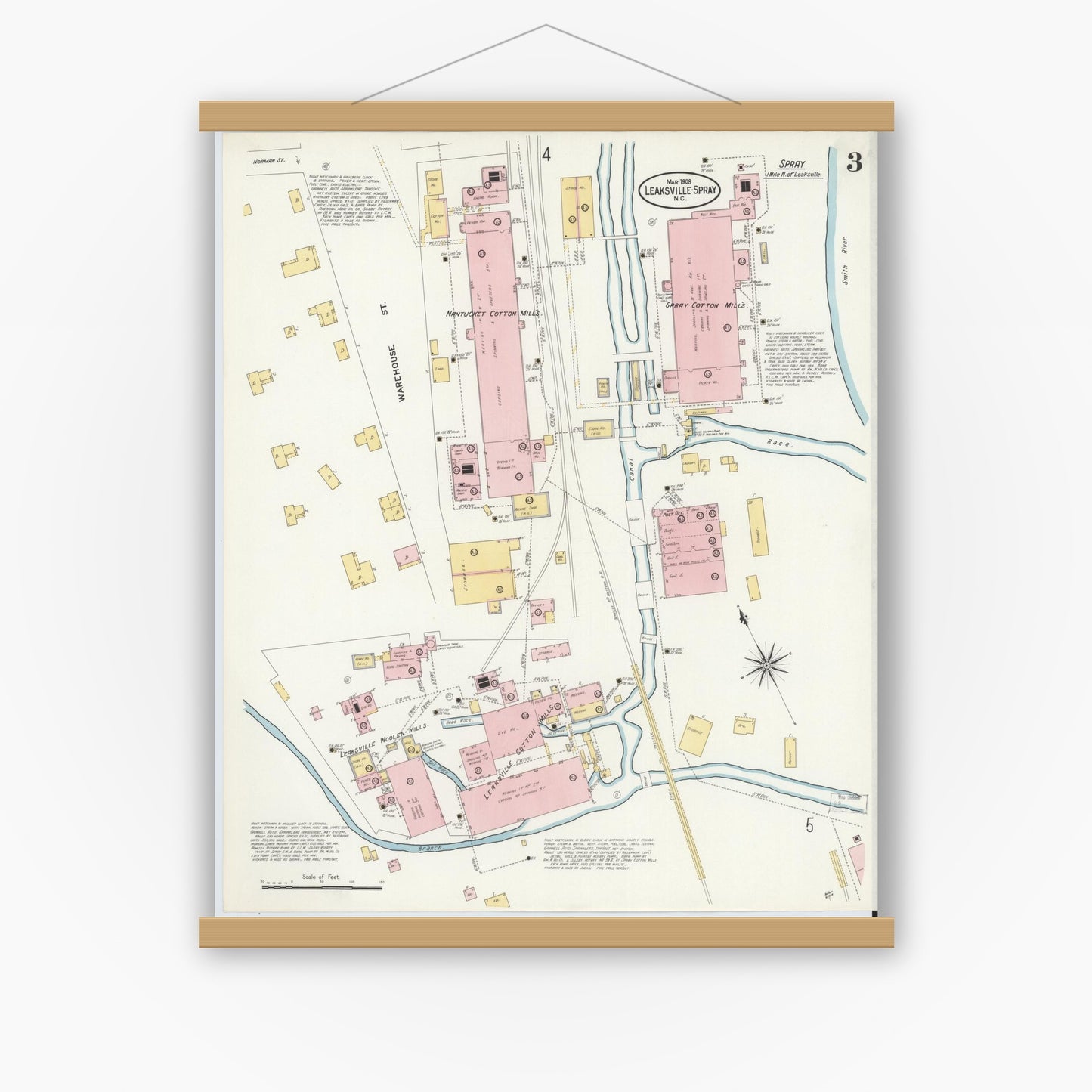 Old map wall art mockup — magnetic wood frame on white wall — Sanborn Fire Insurance Map from Leaksville-spray, Rockingham County, North Carolina (1908), Sheet #0003