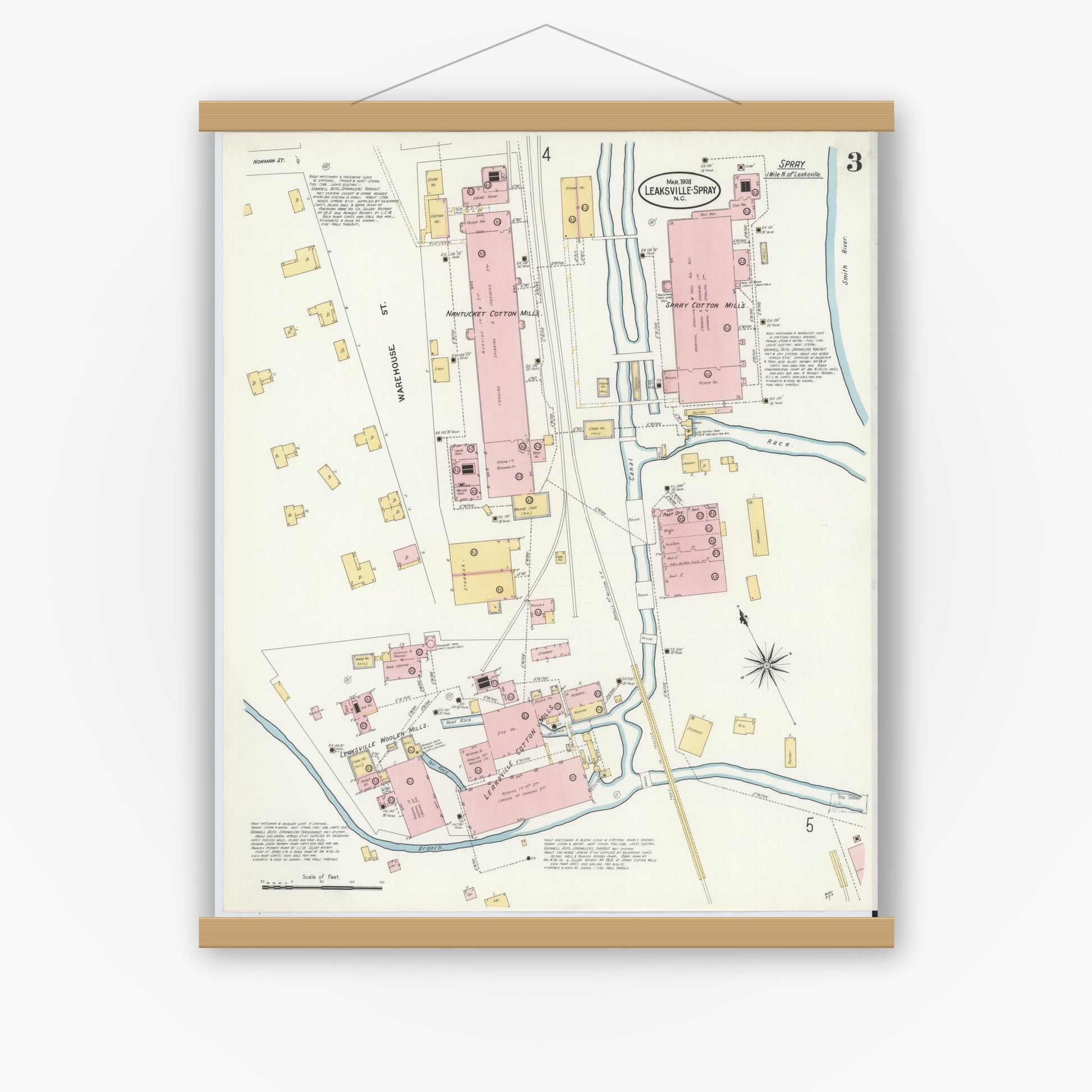 Old map wall art mockup — magnetic wood frame on white wall — Sanborn Fire Insurance Map from Leaksville-spray, Rockingham County, North Carolina (1908), Sheet #0003