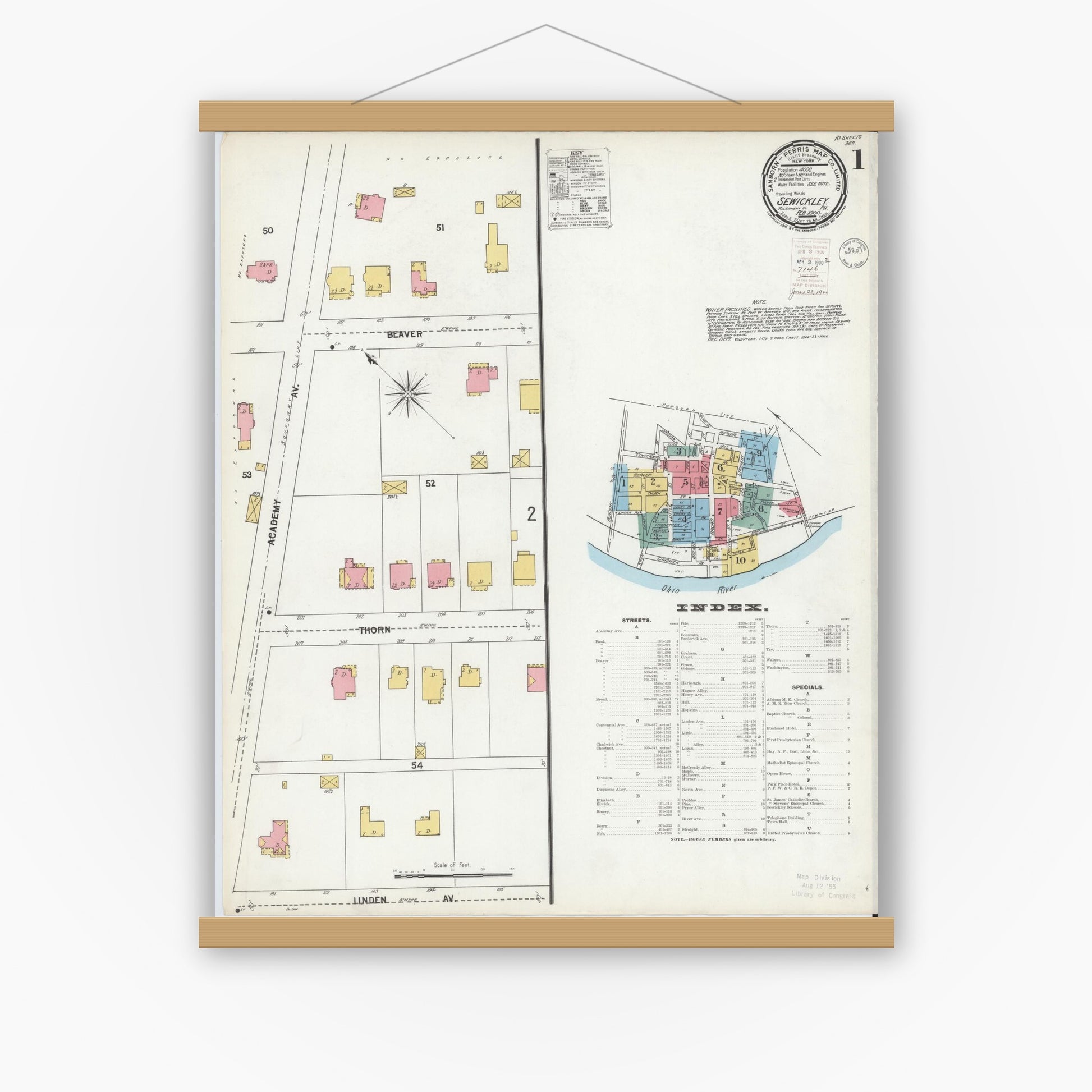 Old map wall art mockup — magnetic wood frame on white wall — Sanborn Fire Insurance Map from Sewickley, Allegheny County, Pennsylvania (1900) - Complete Map Set