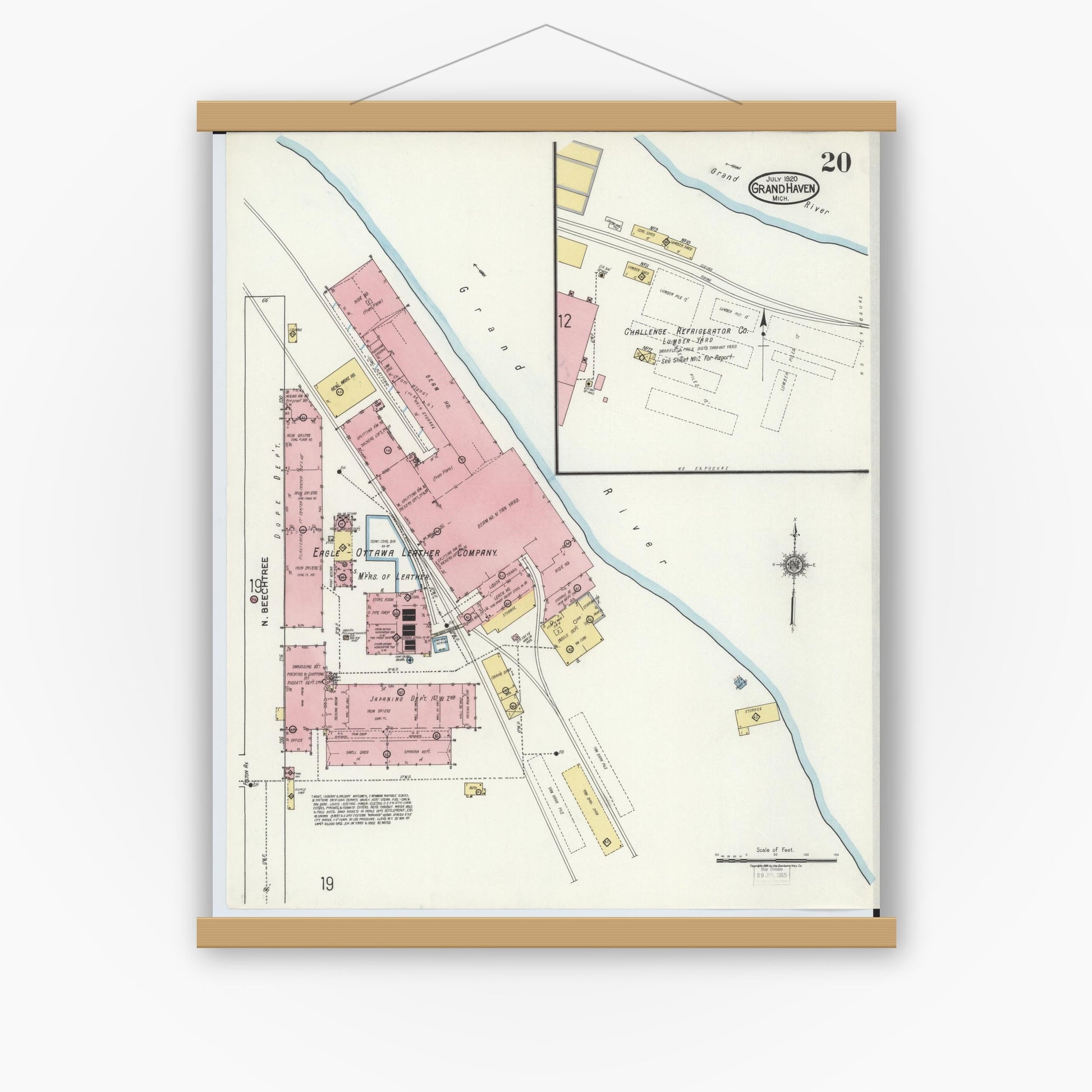 Old map wall art mockup — magnetic wood frame on white wall — Sanborn Fire Insurance Map from Grand Haven, Ottawa County, Michigan (1920), Sheet #0020