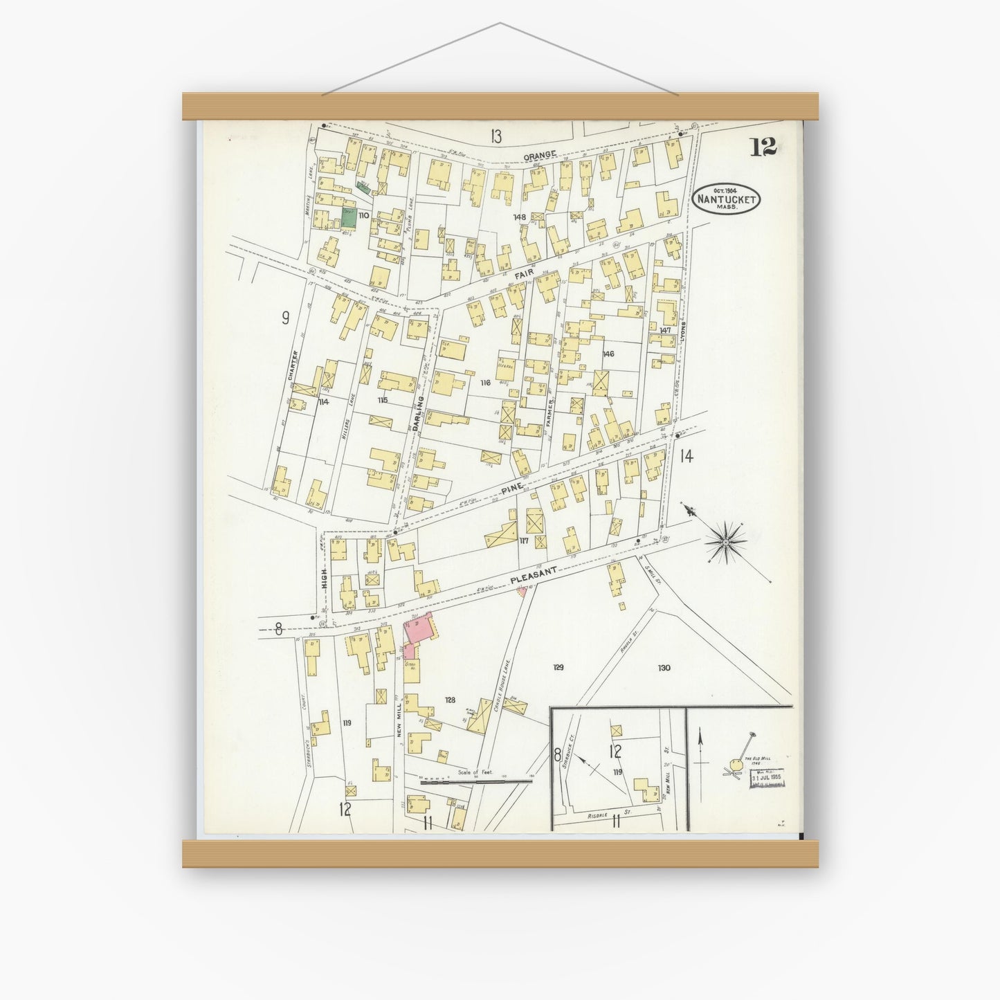Old map wall art mockup — magnetic wood frame on white wall — Sanborn Fire Insurance Map from Nantucket, Nantucket County, Massachusetts (1904), Sheet #0012
